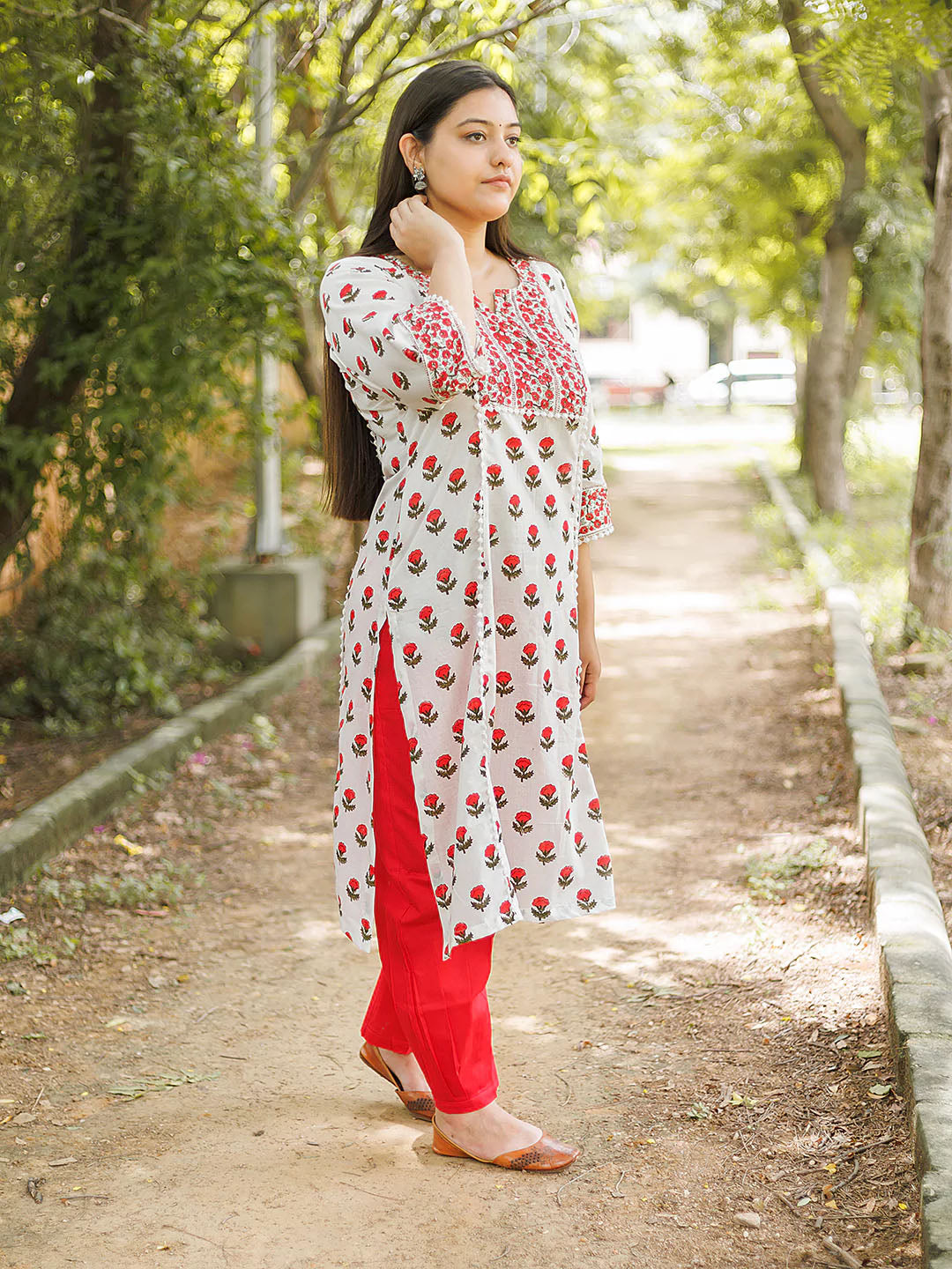 Handblock Printed Red Booty Yoke Lace Design Set