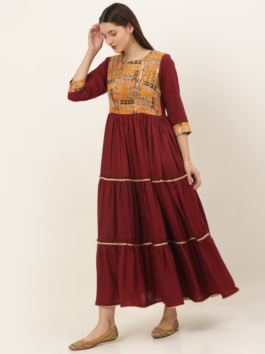 Maroon Rayon Tier Dress