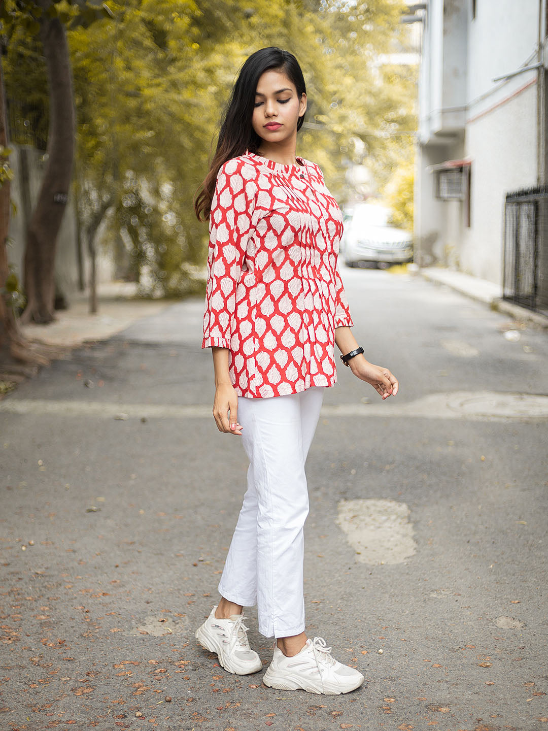 HandBlock Printed Red Leaf Print Top