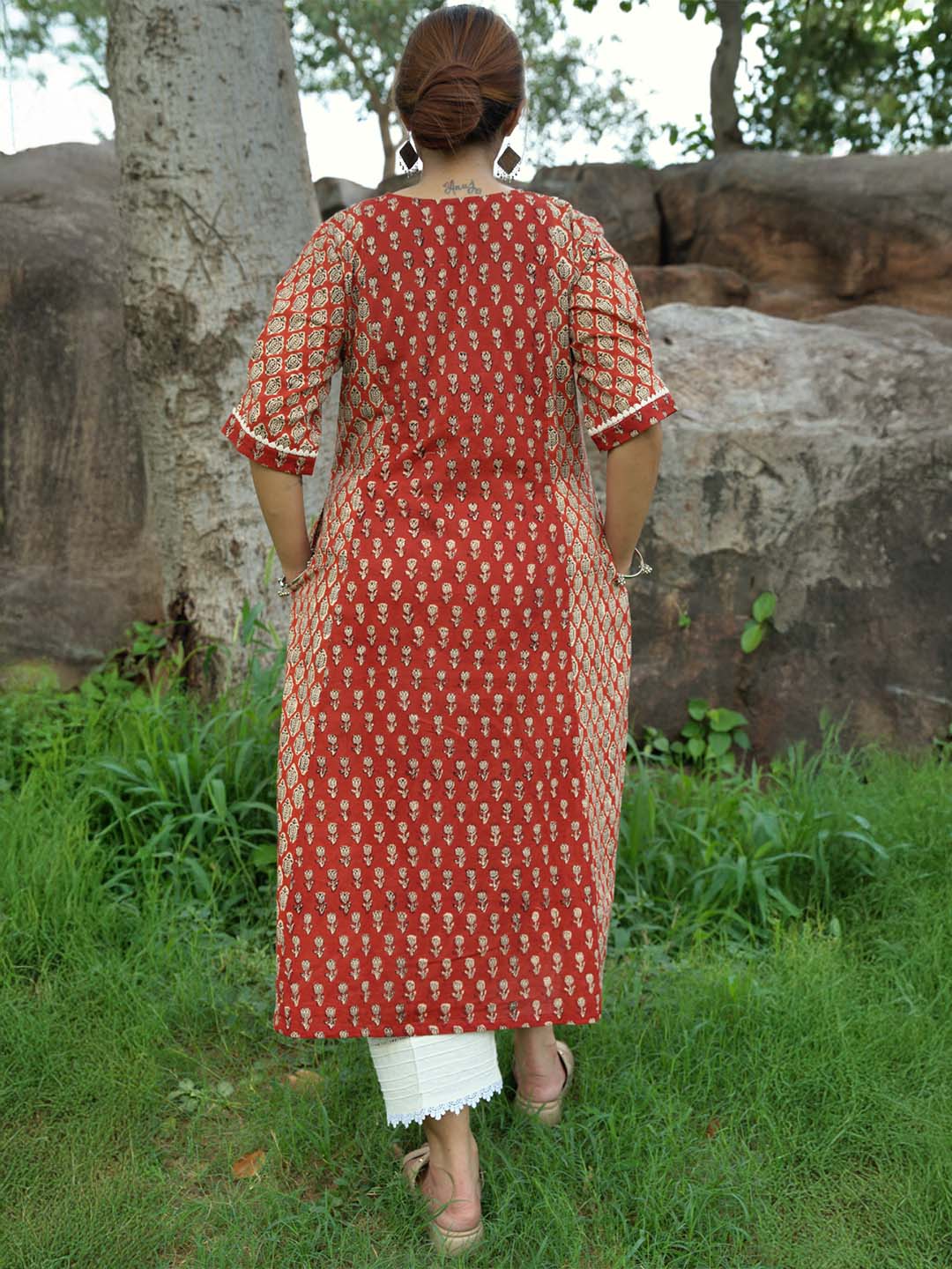 Bagru Handblock Printed Red Booty Yoke Kurta