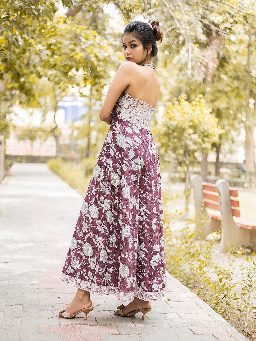 HandBlock Printed Violet HalterNeck Dress with Smocking at the back