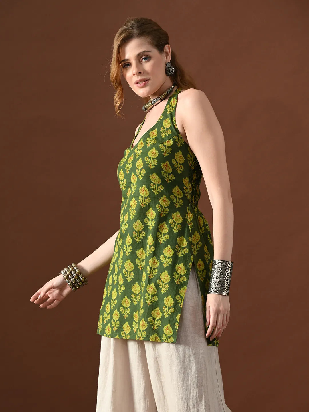 Women Nimra Halter Neck Backless Kurti With Smocking Details
