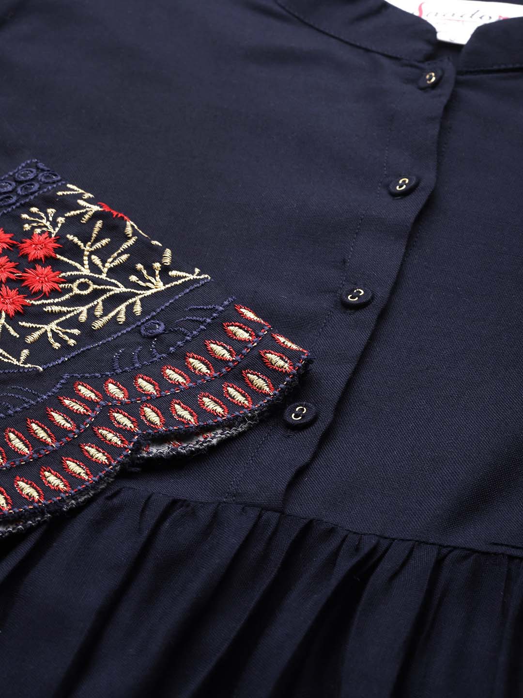 Navy Blue Embroidered A-Line Dress