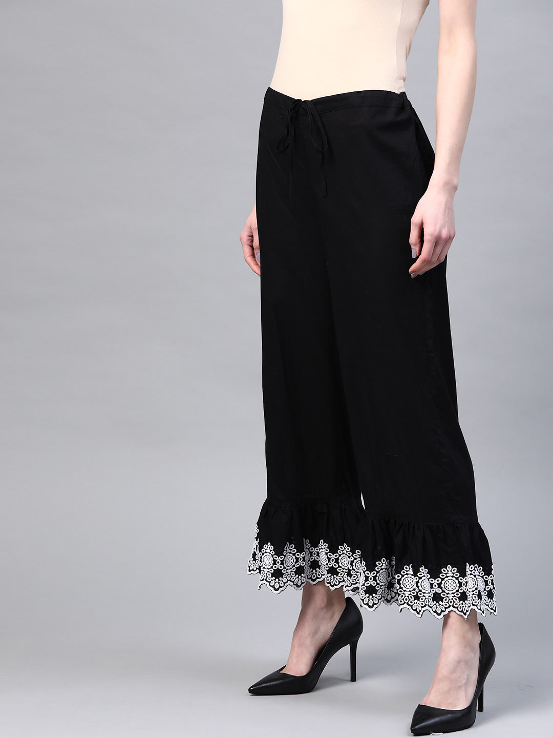 Women Black Embroidered Hem Design Cotton Wide Leg Sustainable Palazzos