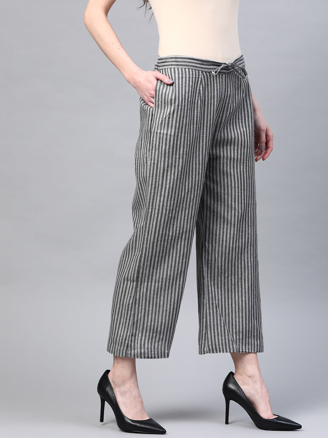 Women Black & Grey Handloom Cotton Striped Wide Leg Sustainable Palazzos