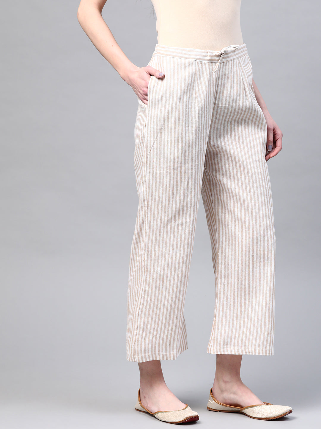 Women Faun  & White Handloom Cotton Striped Wide Leg Sustainable Palazzos