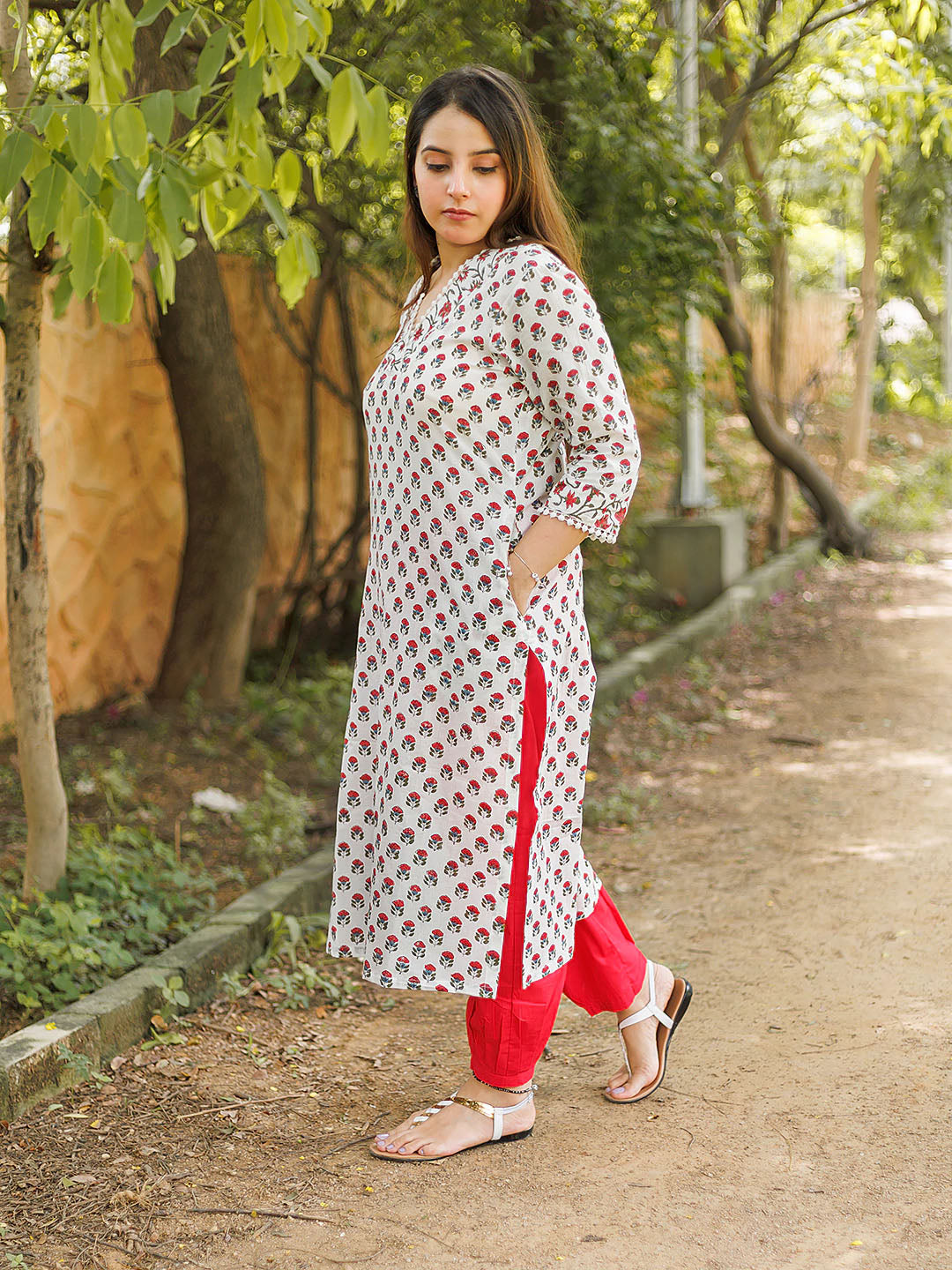 Handblock Printed Red Booty on white Kurta Salwar Set