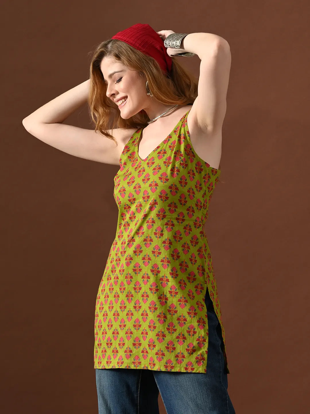 Women Floral Print Mita Backless Kurti