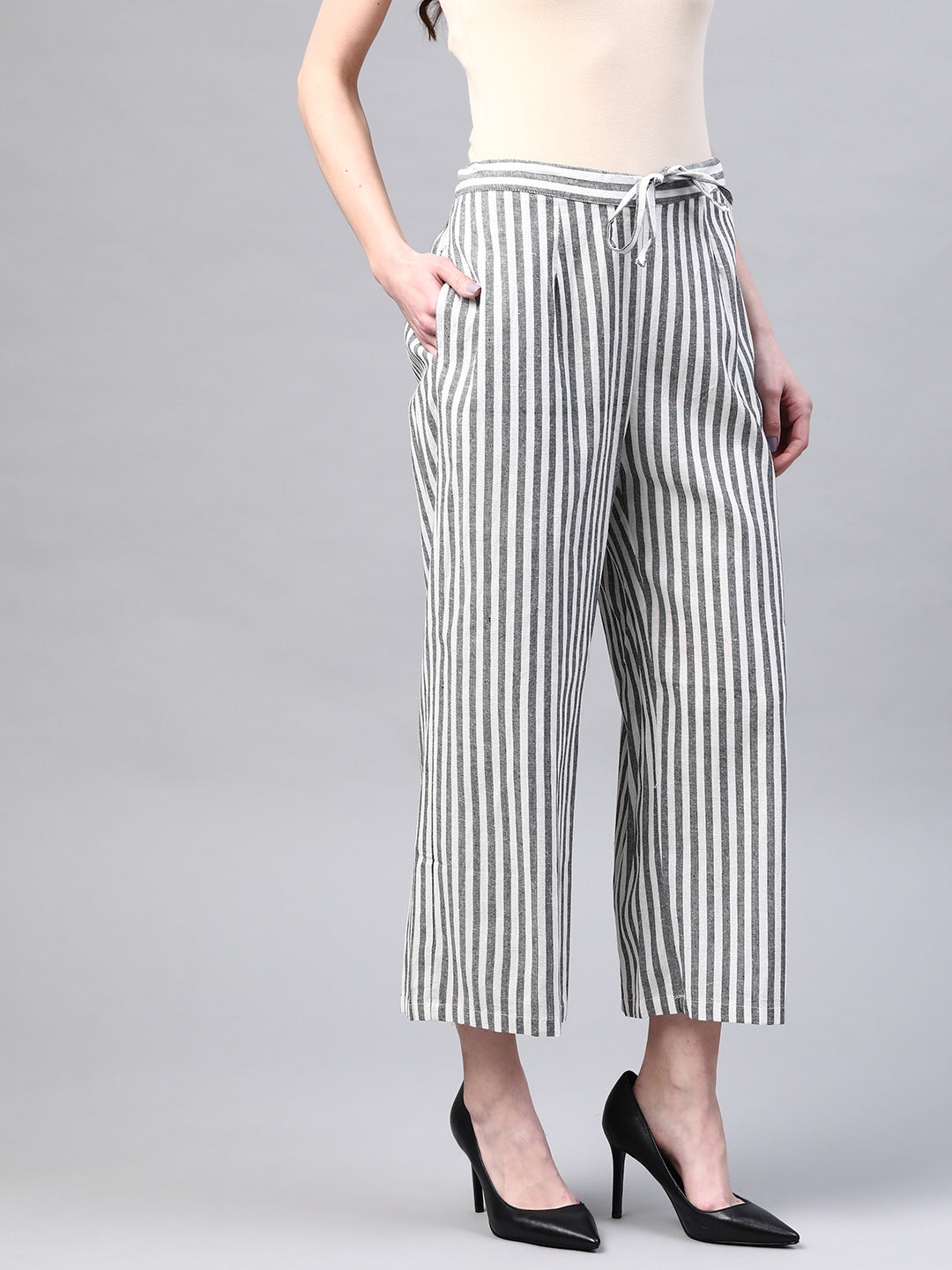 Women Black & White Handloom Cotton Striped Wide Leg Sustainable Palazzos