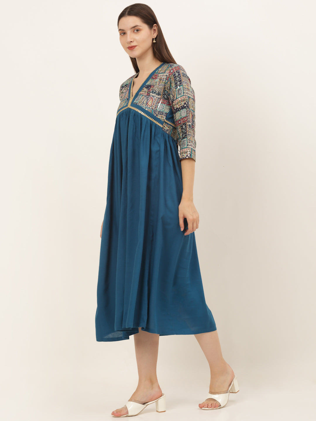 Teal Blue V Neck Rayon Gathered Dress