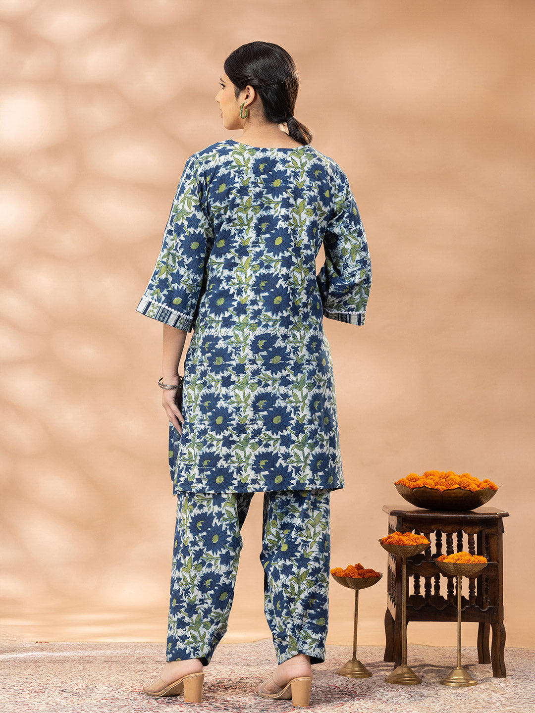 Bagru Indigo Blue and Green Floral Print Kurta Salwar Set