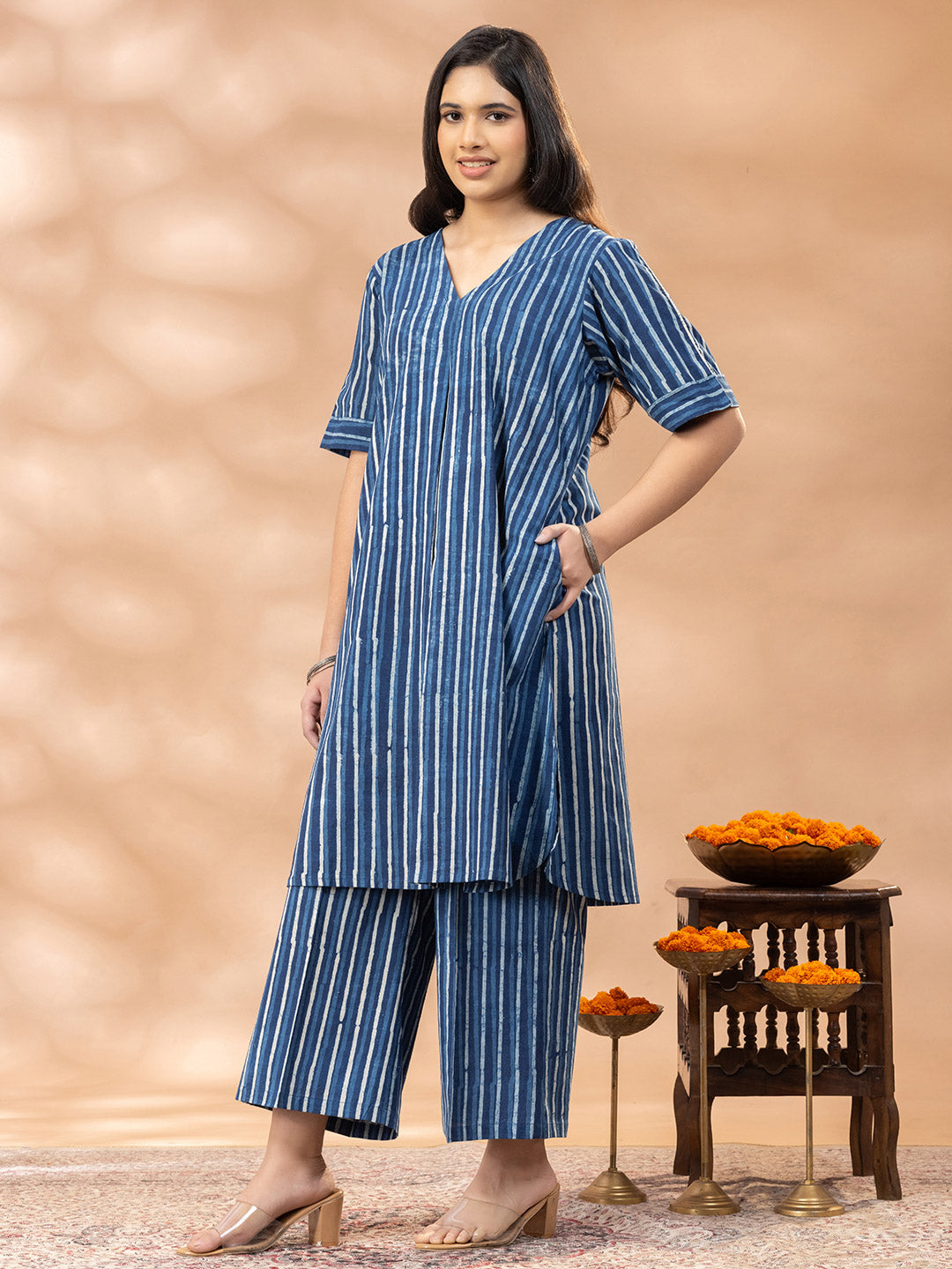 Bagru Indigo Striped V Neck Kurta Set