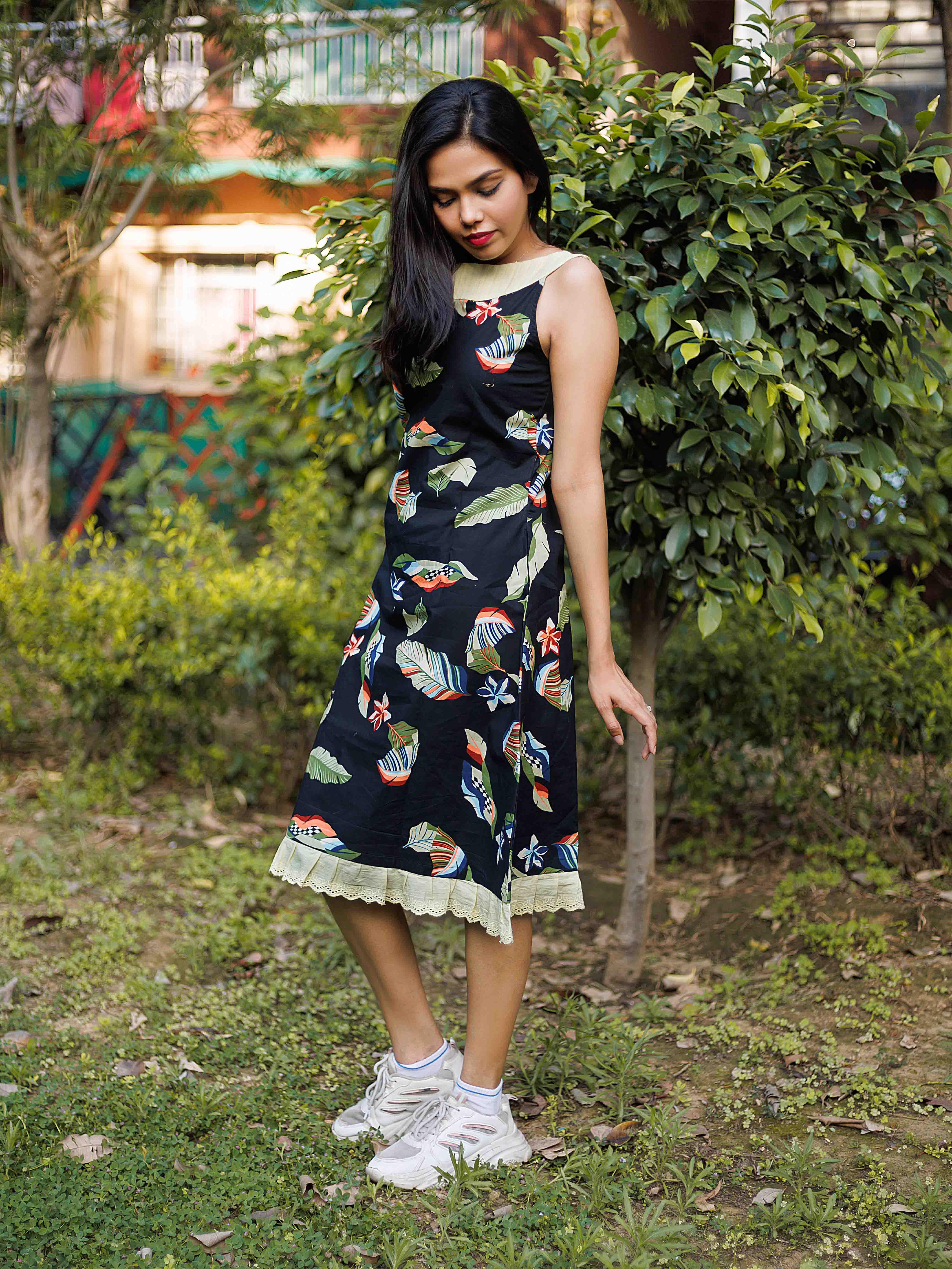 Black and Green Bird Print Pure Cotton Dress