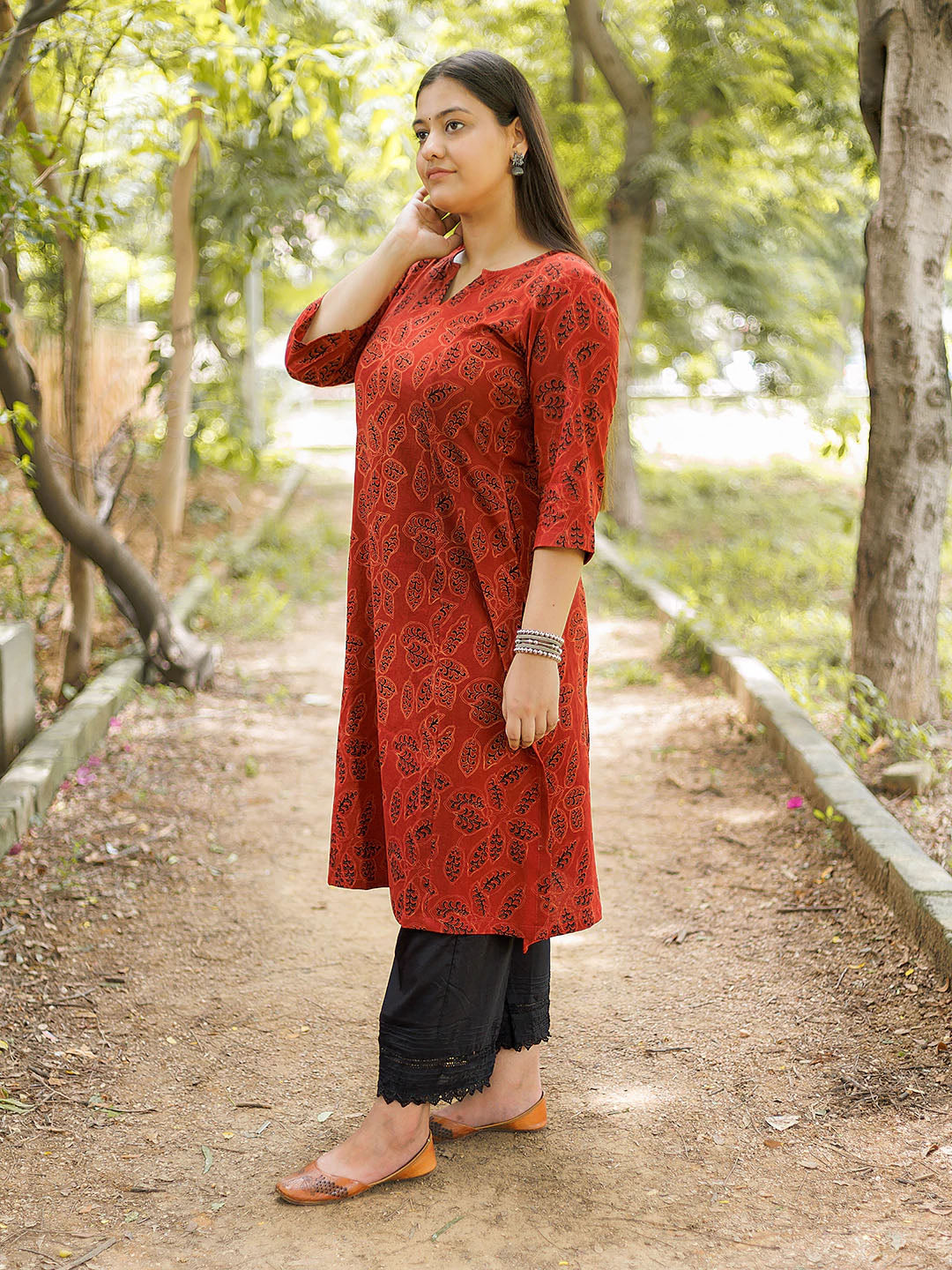 Brick Red Dabu Kurta with Black Palazzo Set