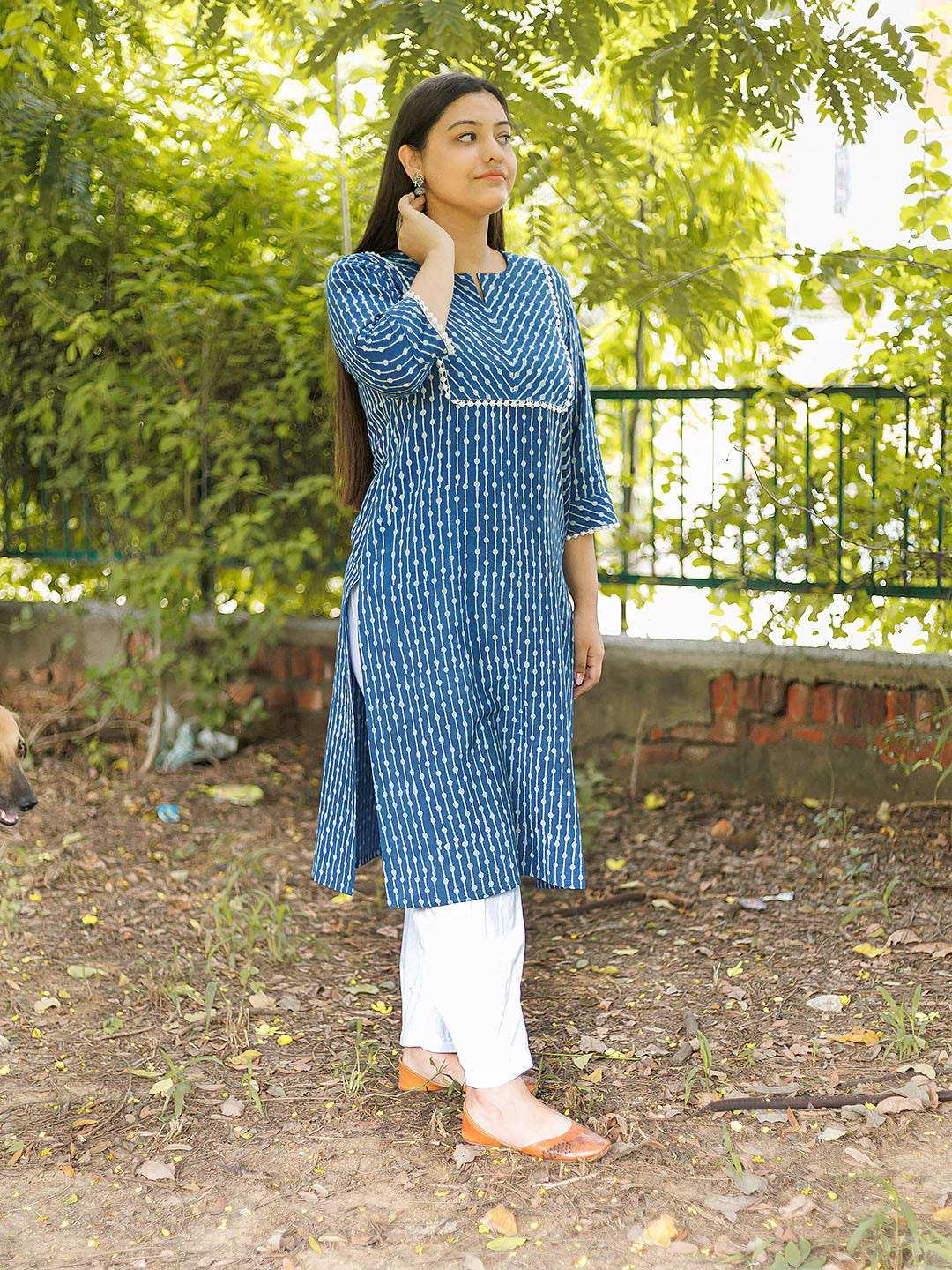 Handblock Printed Natural dyed Indigo Kurta with Lace details