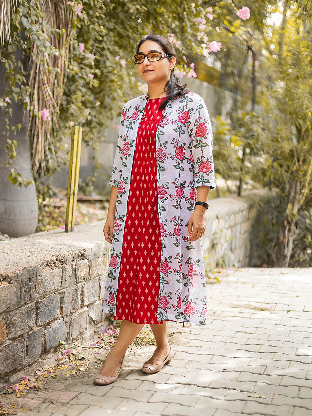 Handblock Printed Overlay Red Dress