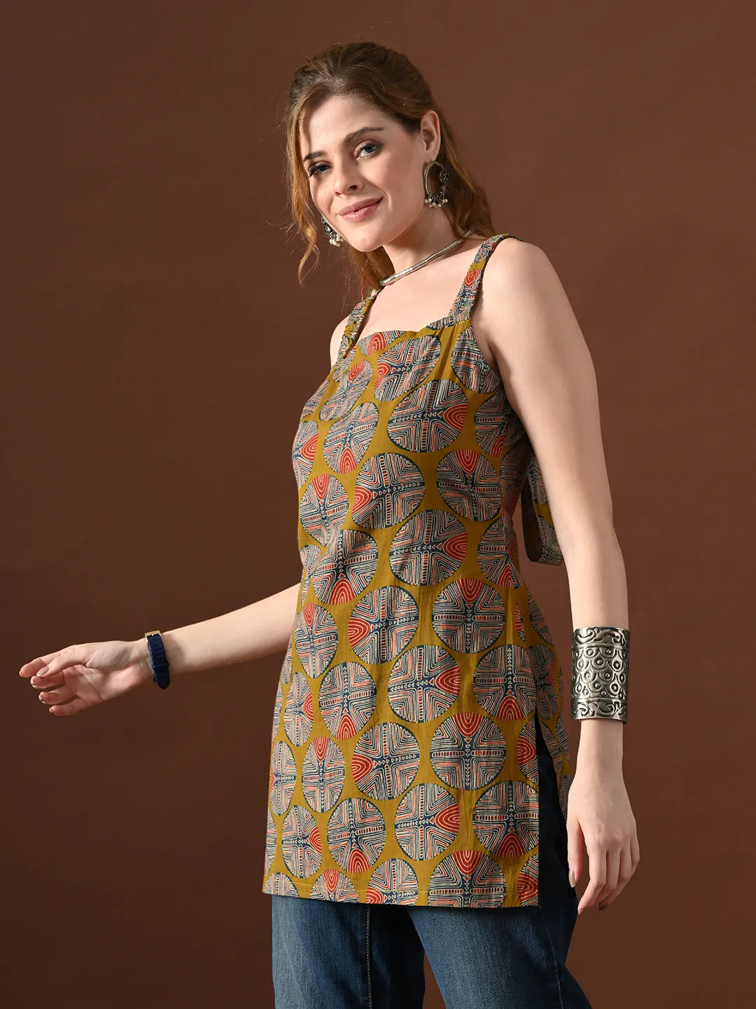 Women Geometrical Print Tisca Backless Kurti