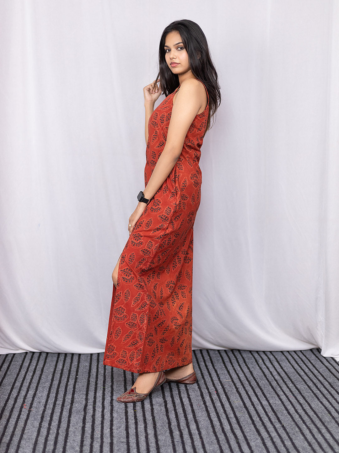 Handblock Printed Brick Red Bagru Printed Slit Dress