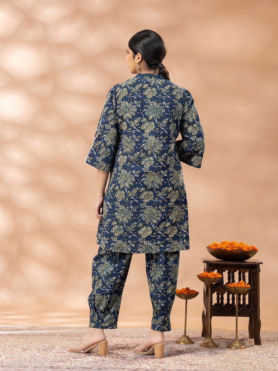 Indigo Ajrakh Mandrin Neck Kurta Salwar Set