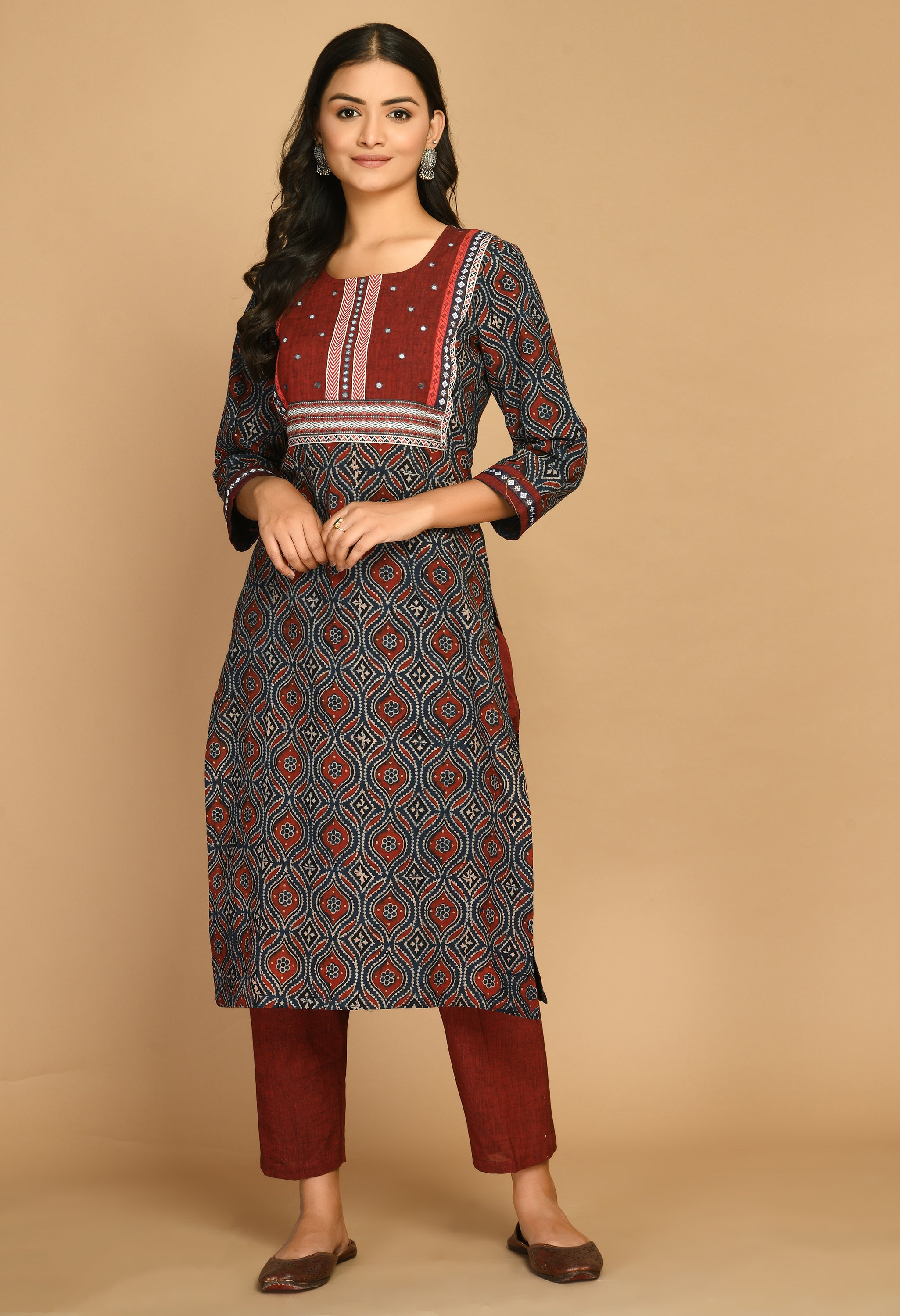 Blue Ajrakh Kurta With  Handloom Pants And Dupatta