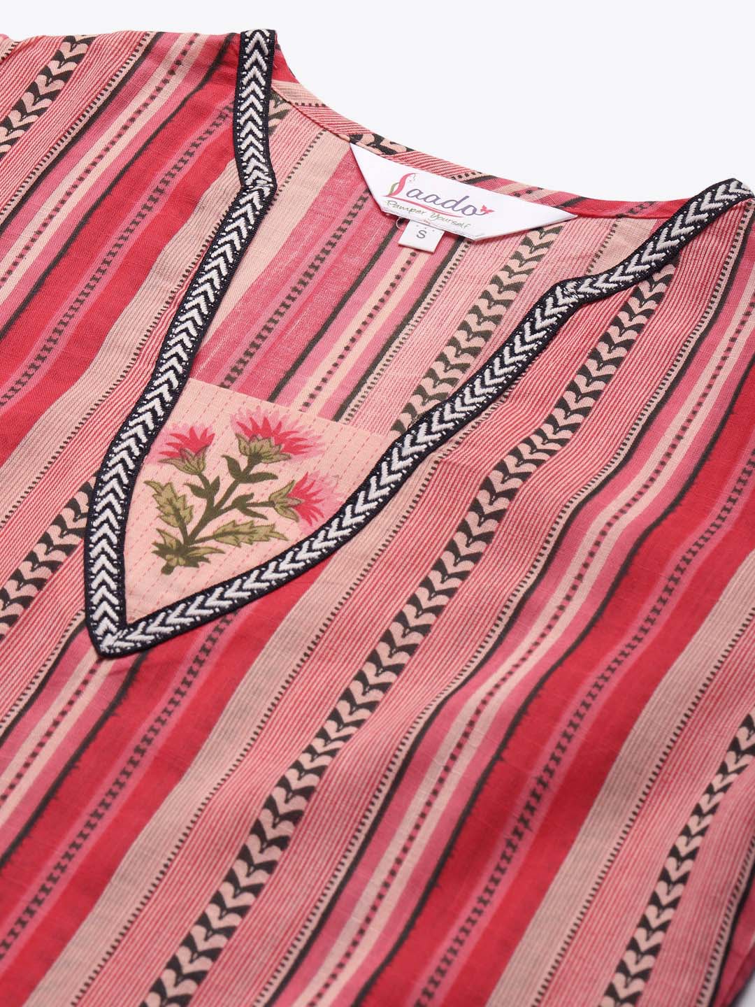 Women Pink & Black Striped Pure Cotton Kurta with Palazzos