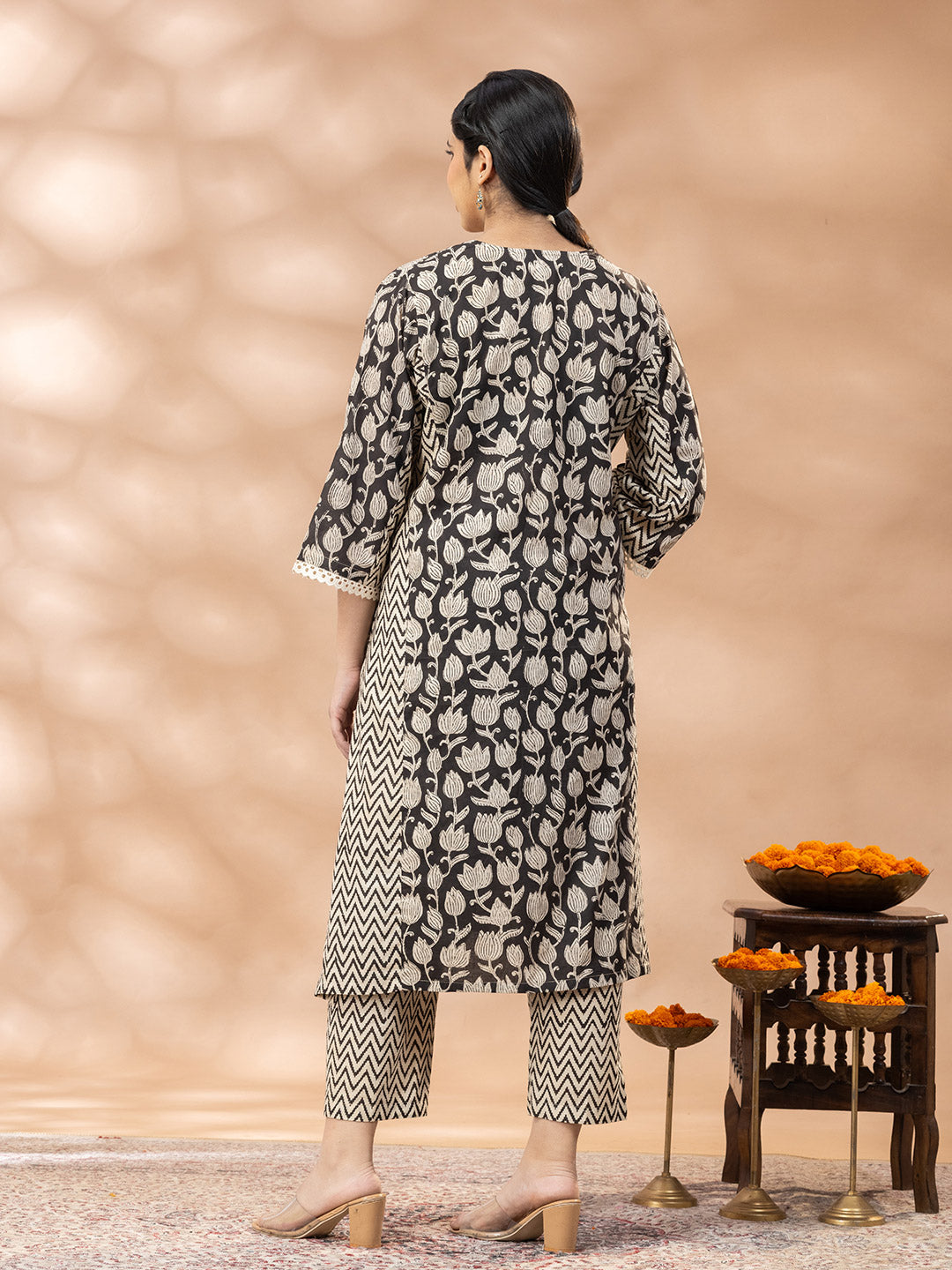 Bagru Black and Beige Floral Panel Lucknowi Cut Kurta set