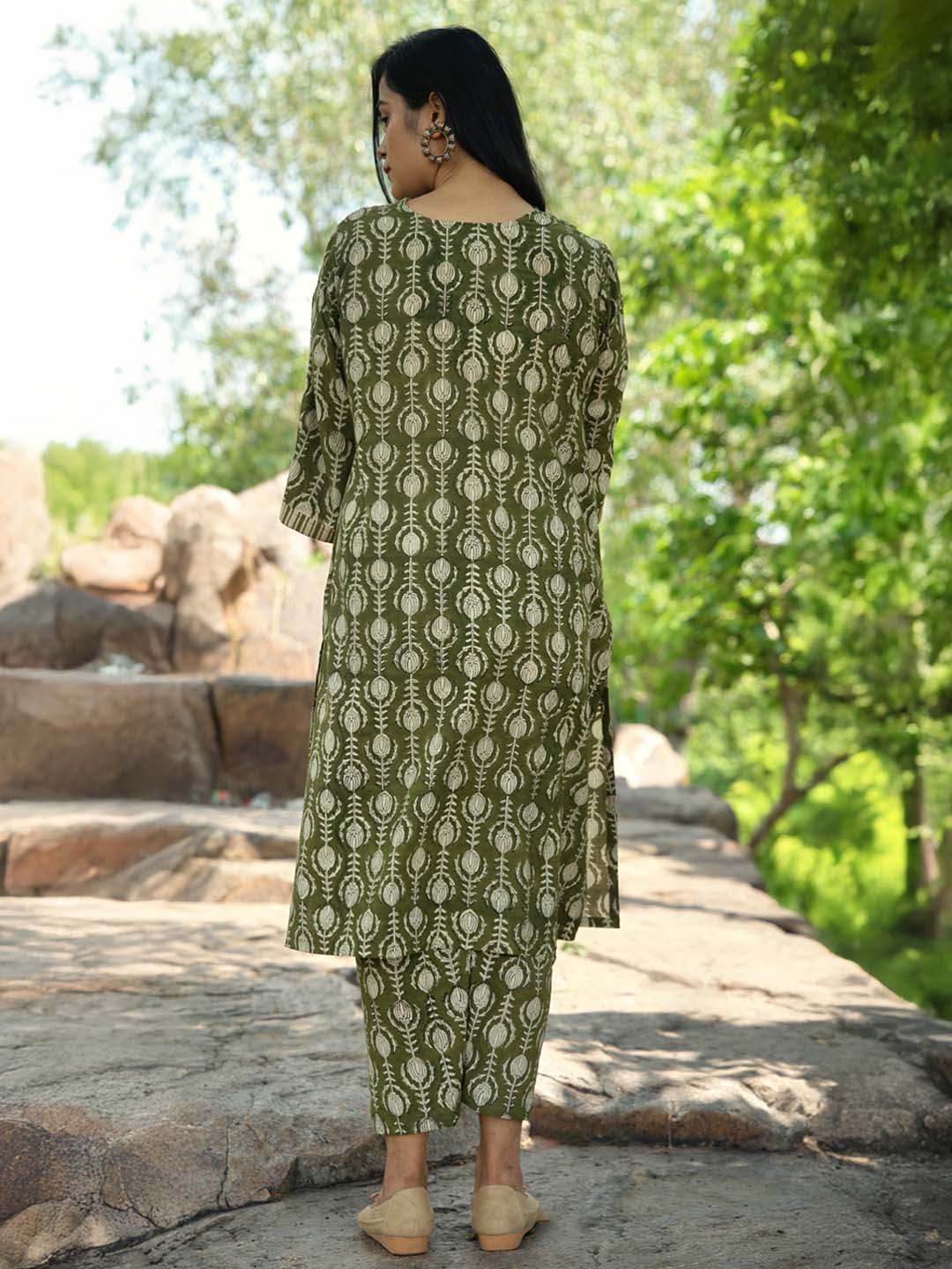 Bagru Handblock Printed Green Yoke Design Kurta Set