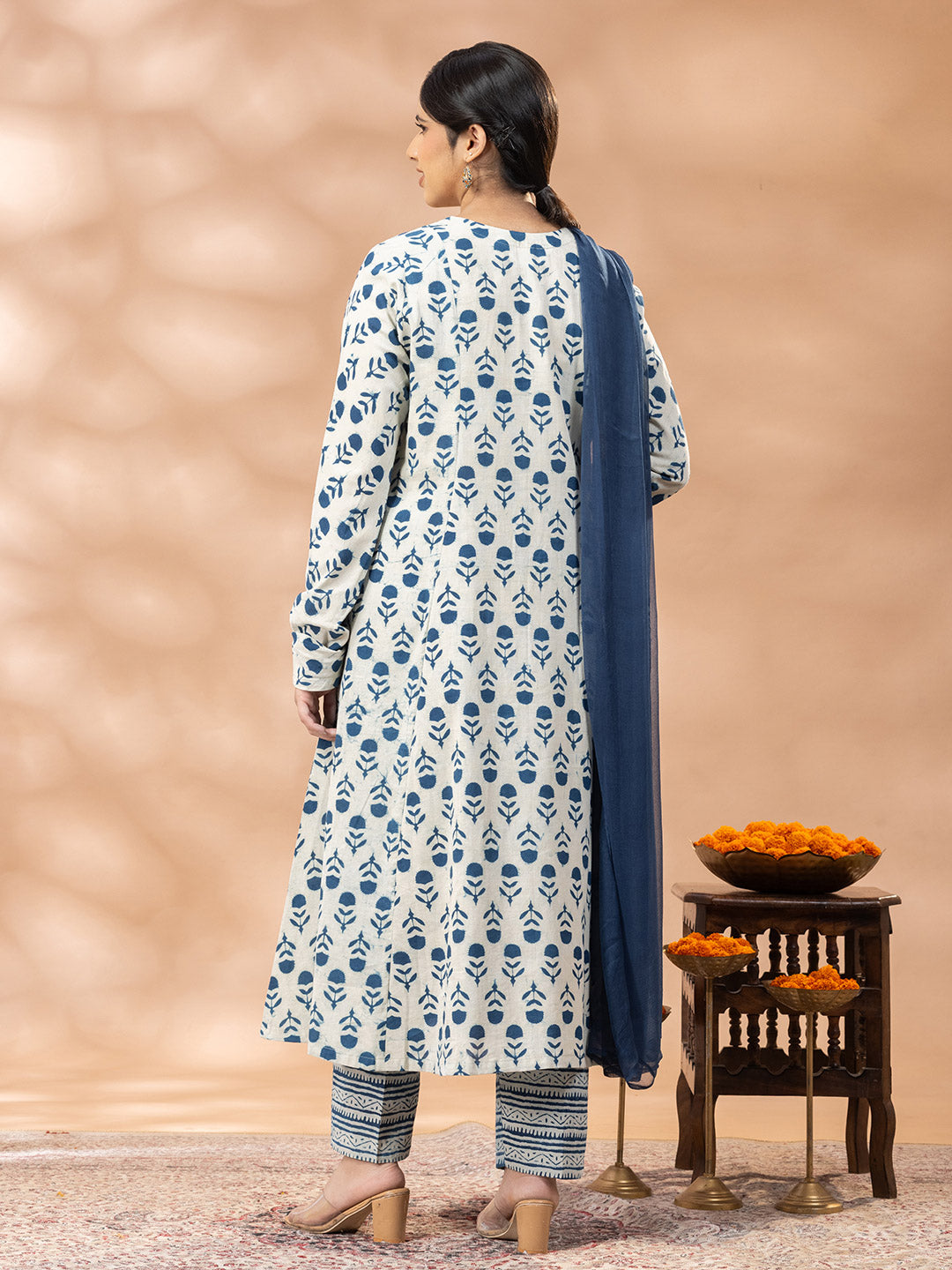 Bagru Handblock Printed Indigo Blue Churidar Sleeves Kurta Set