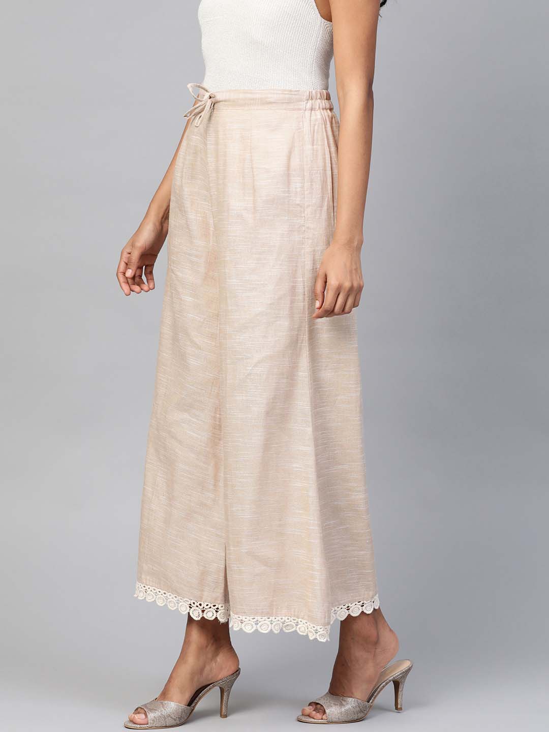 Cream-Coloured Solid  Handloom Wide Leg Palazzos