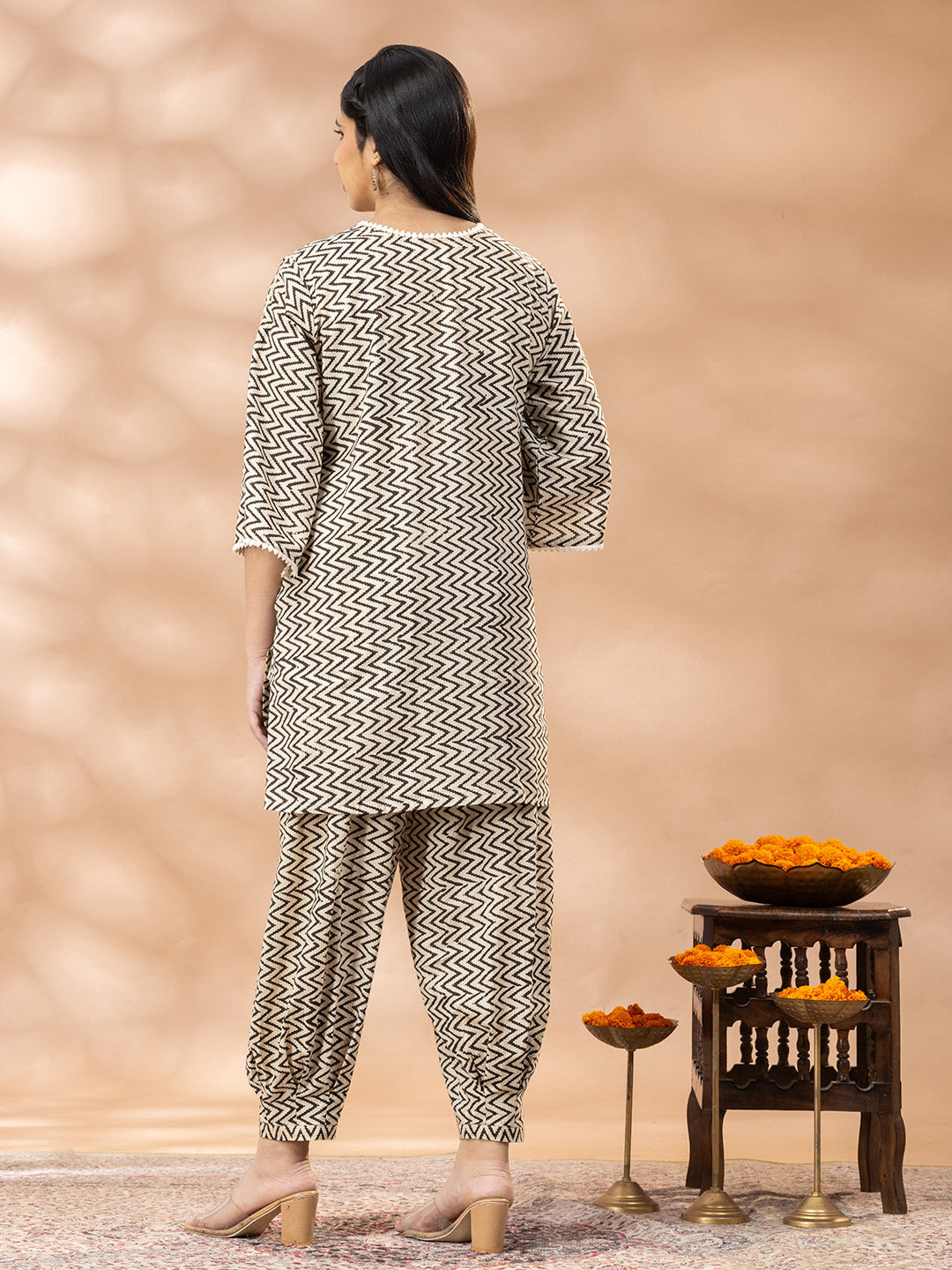Black and Beige Zig Zag Bagru Print Kurta set