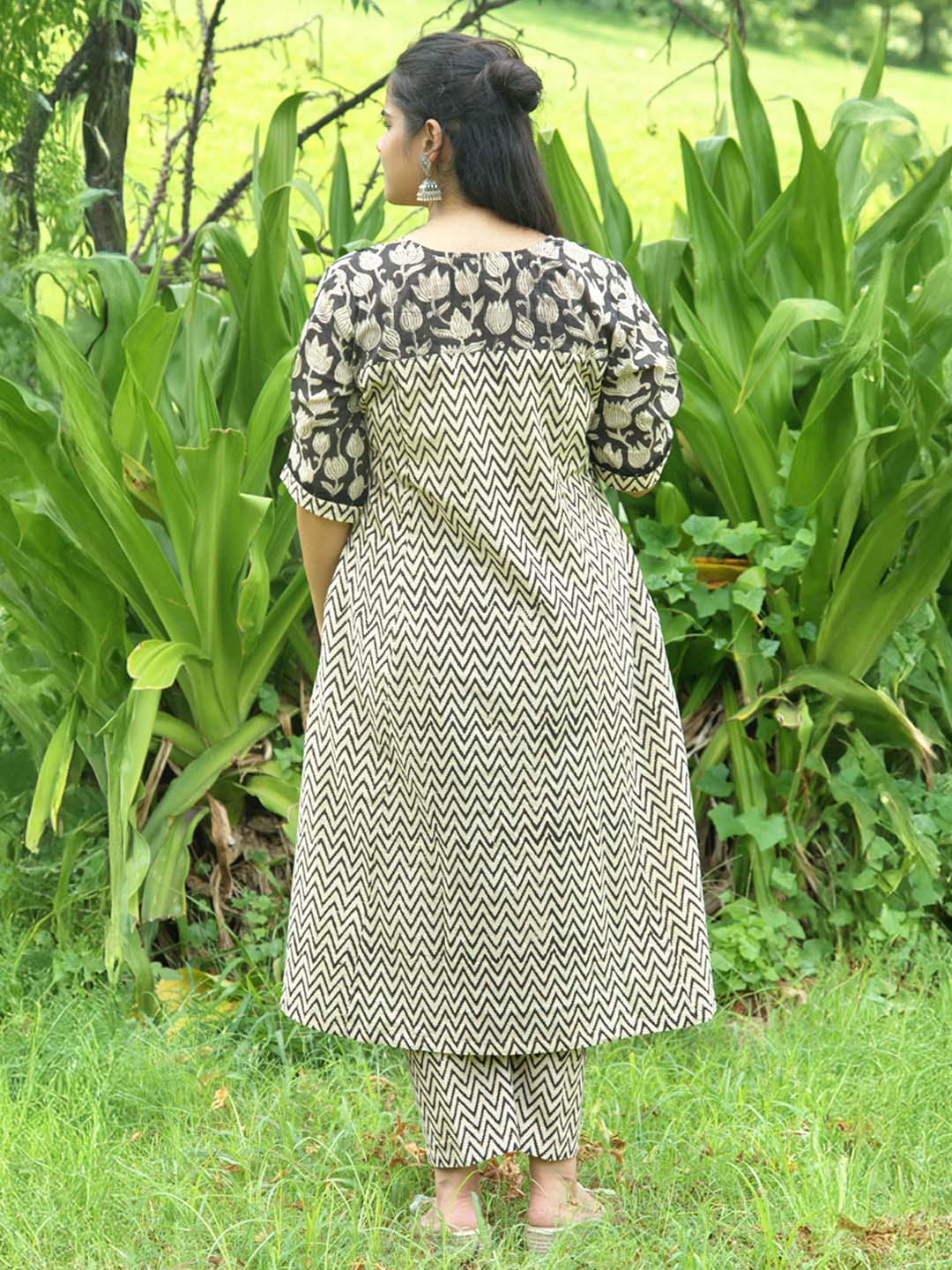 Bagru Handblock Printed Black and Beige Yoke Design Kurta