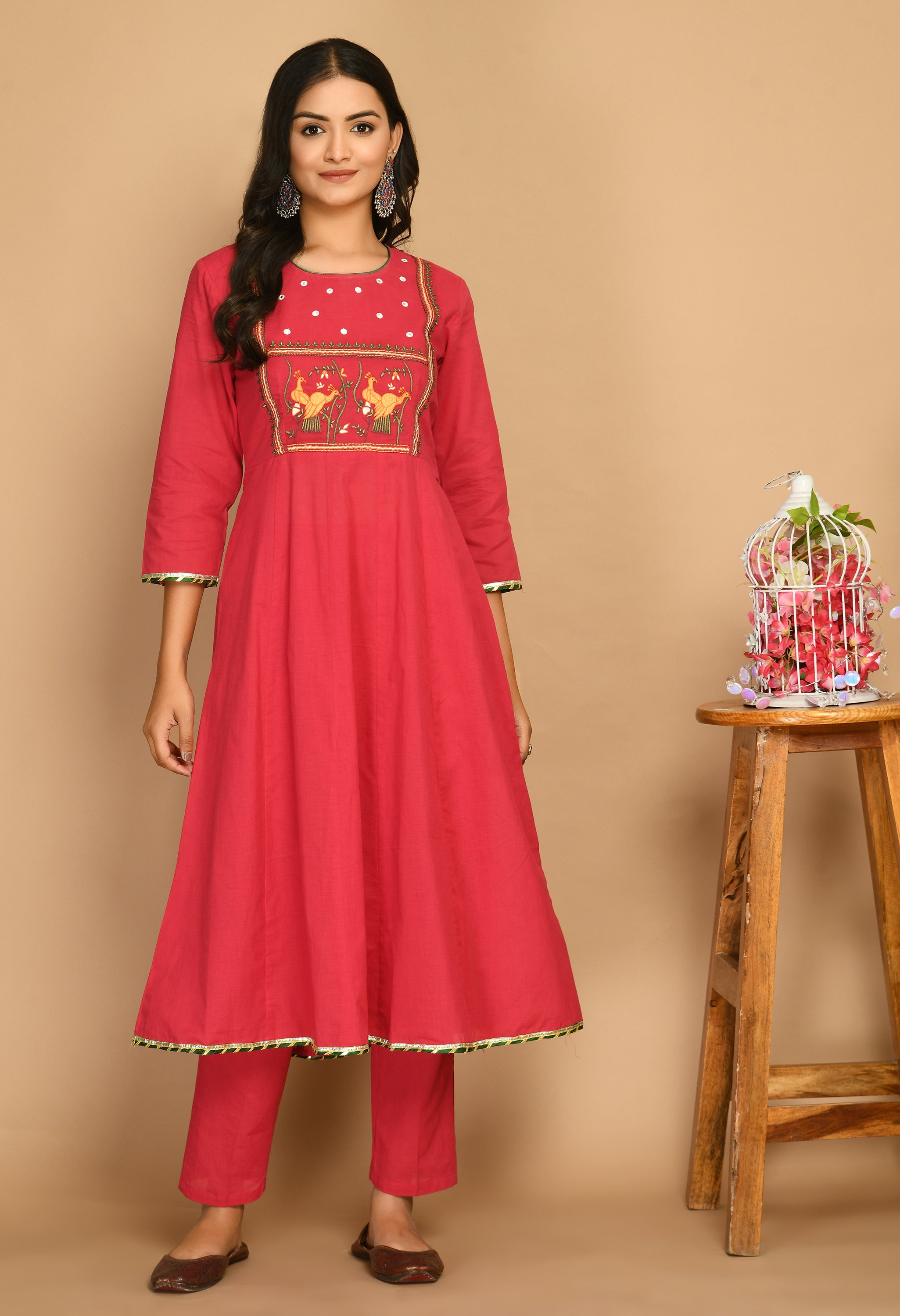 Fuchsia pink embroidered kurta set with gota work and dupatta