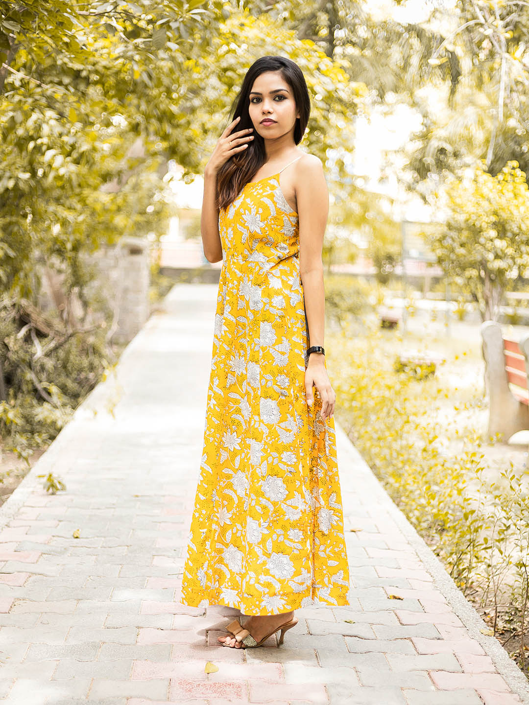 Handblock Printed Yellow Long Kalidar Dress with Smocking