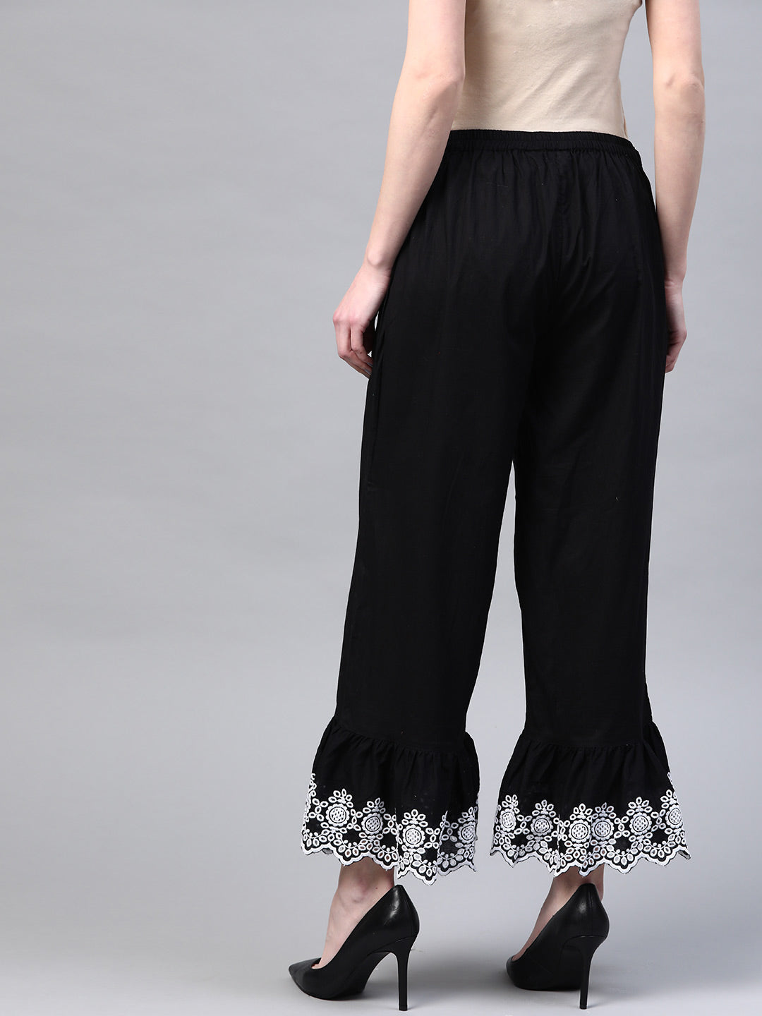 Women Black Embroidered Hem Design Cotton Wide Leg Sustainable Palazzos