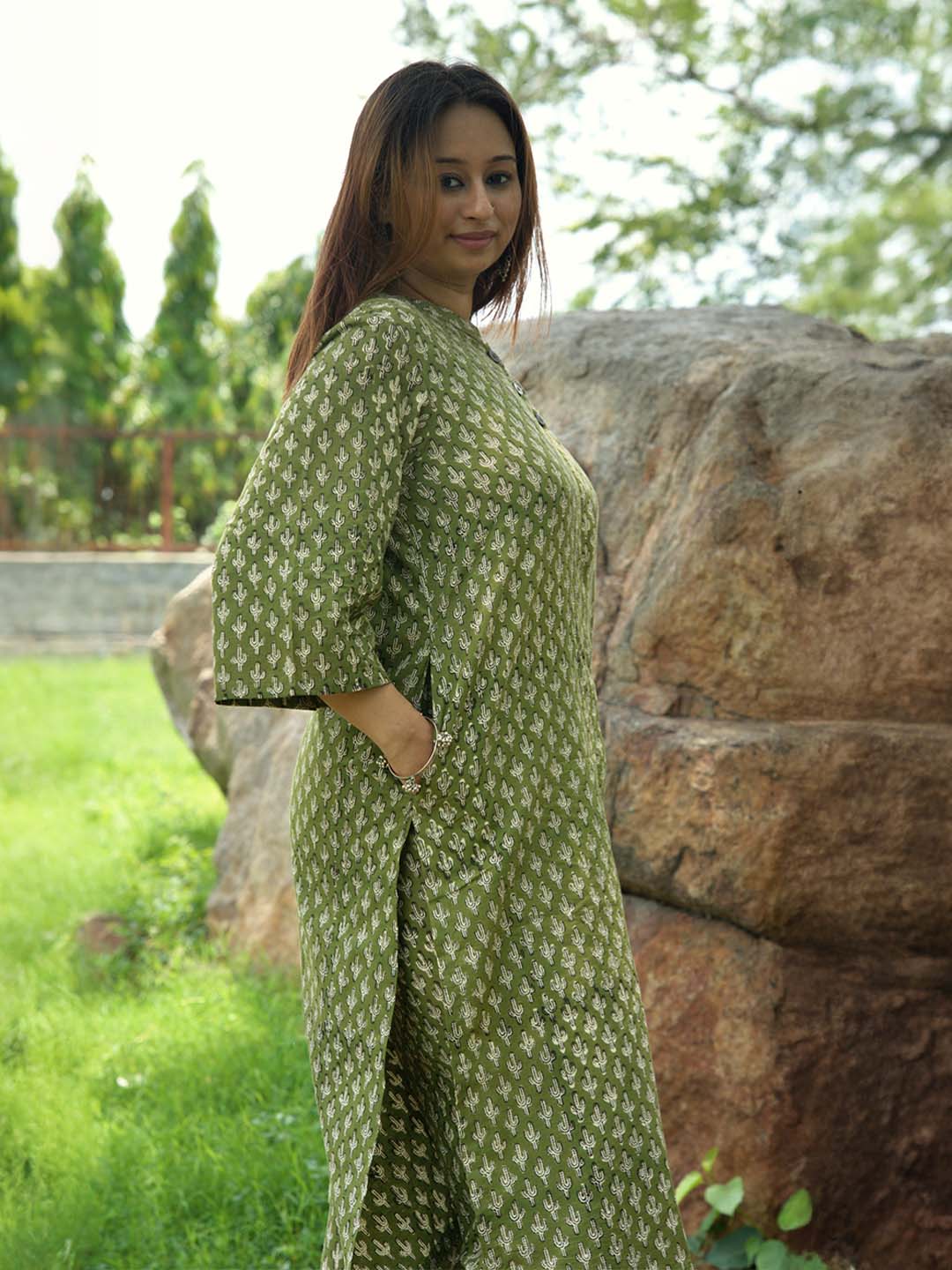 Bagru Handblock Printed Green Cactus Print Kurta Set