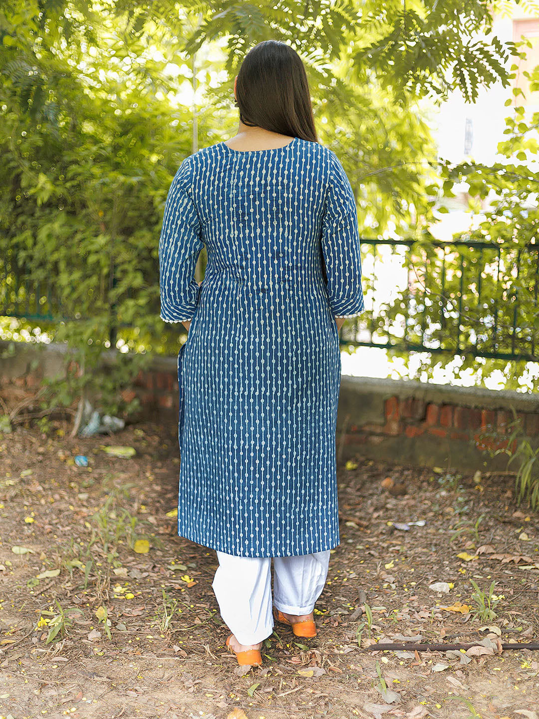 Handblock Printed Natural dyed Indigo Kurta with Lace details