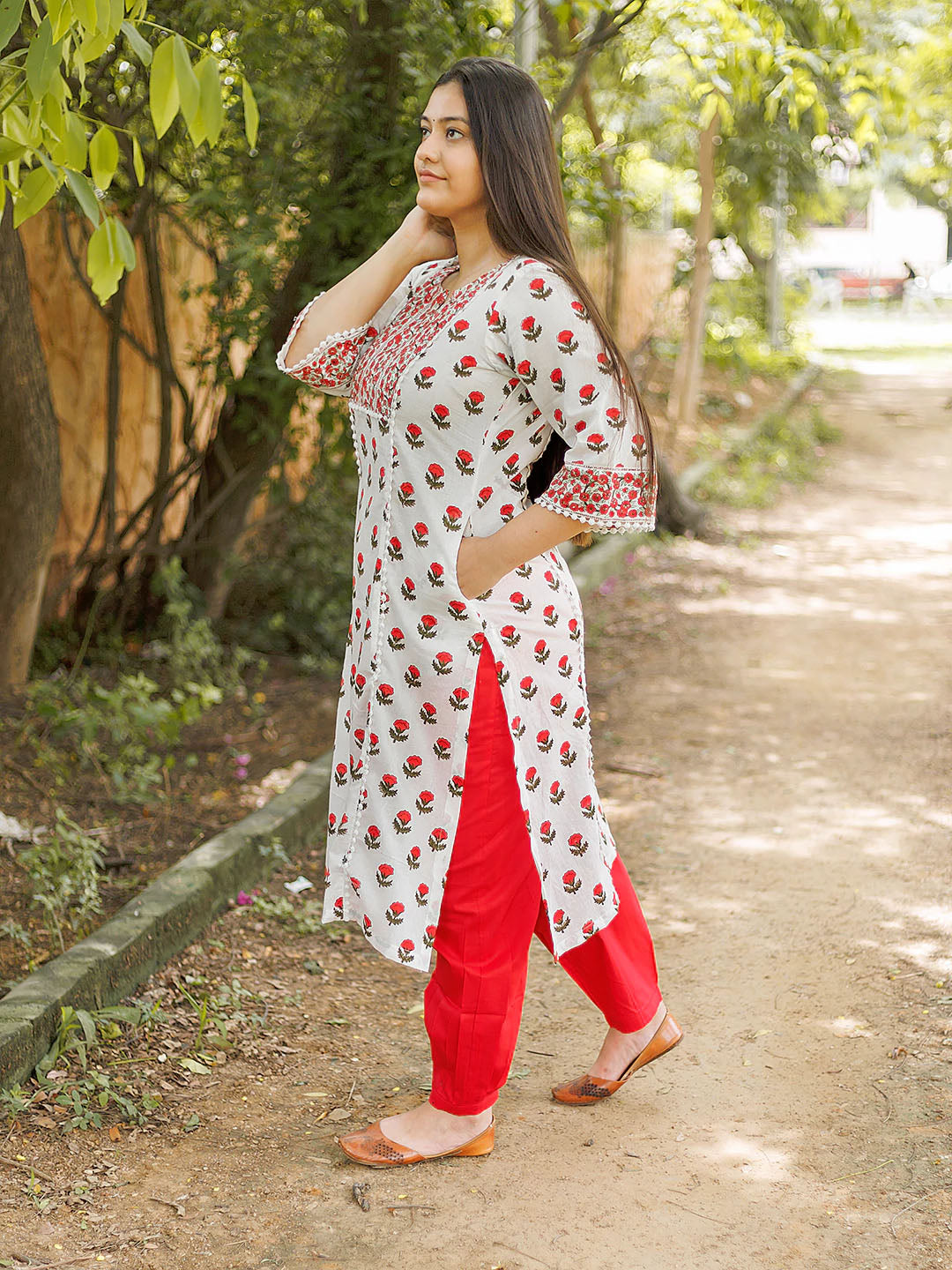 Handblock Printed Red Booty Yoke Lace Design Set