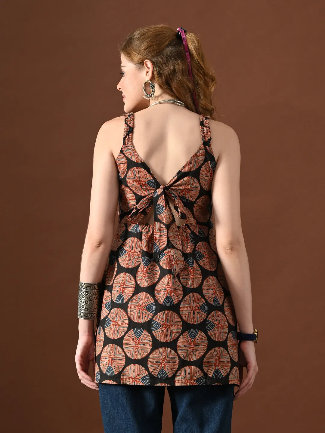 Women Geometrical Print Tisca Backless Kurti
