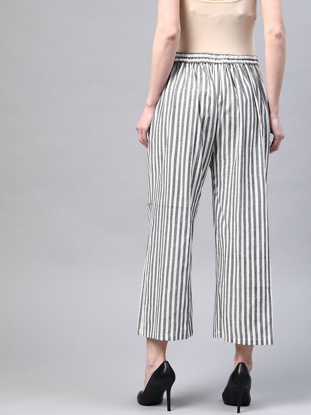 Women Black & White Handloom Cotton Striped Wide Leg Sustainable Palazzos