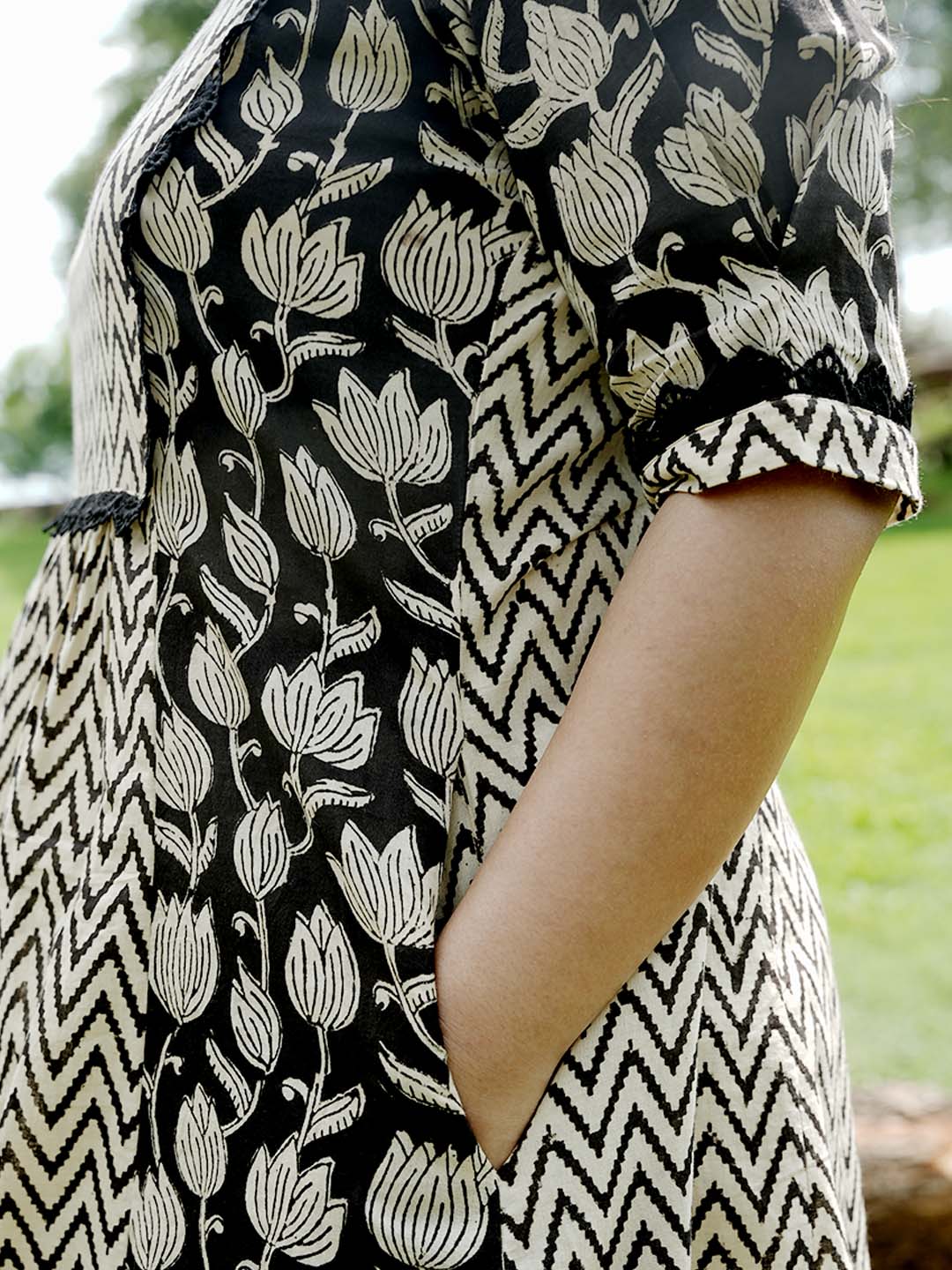 Bagru Handblock Printed Black and Beige Yoke Design Kurta