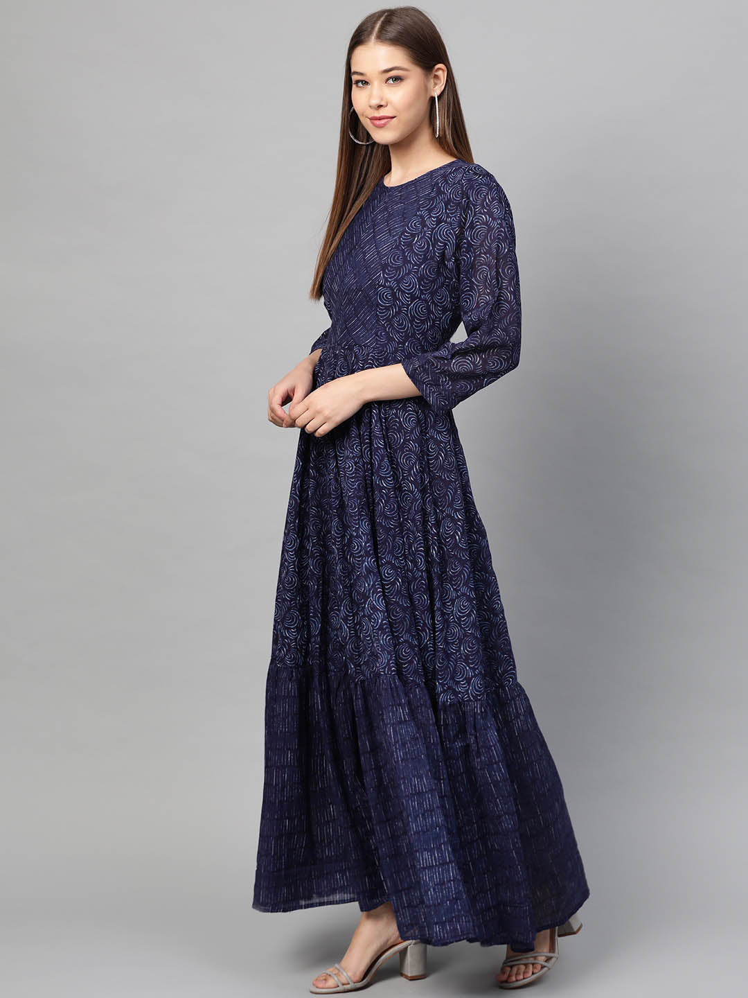 Navy Blue Printed Fit & Flare Maxi Dress