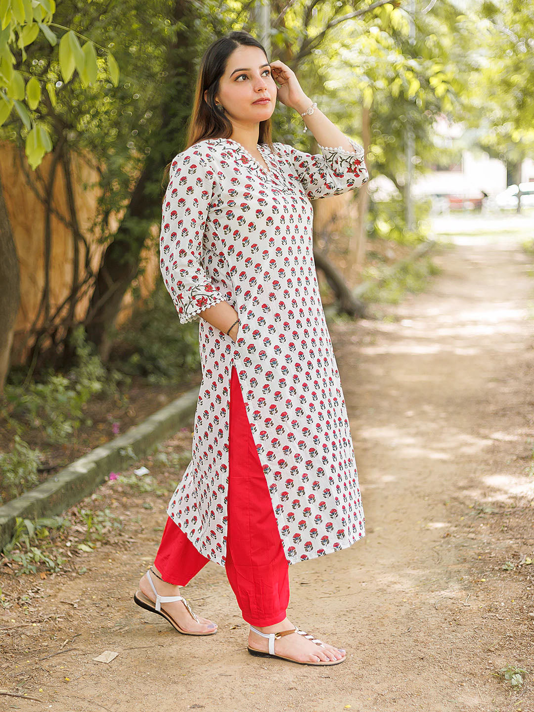 Handblock Printed Red Booty on white Kurta Salwar Set