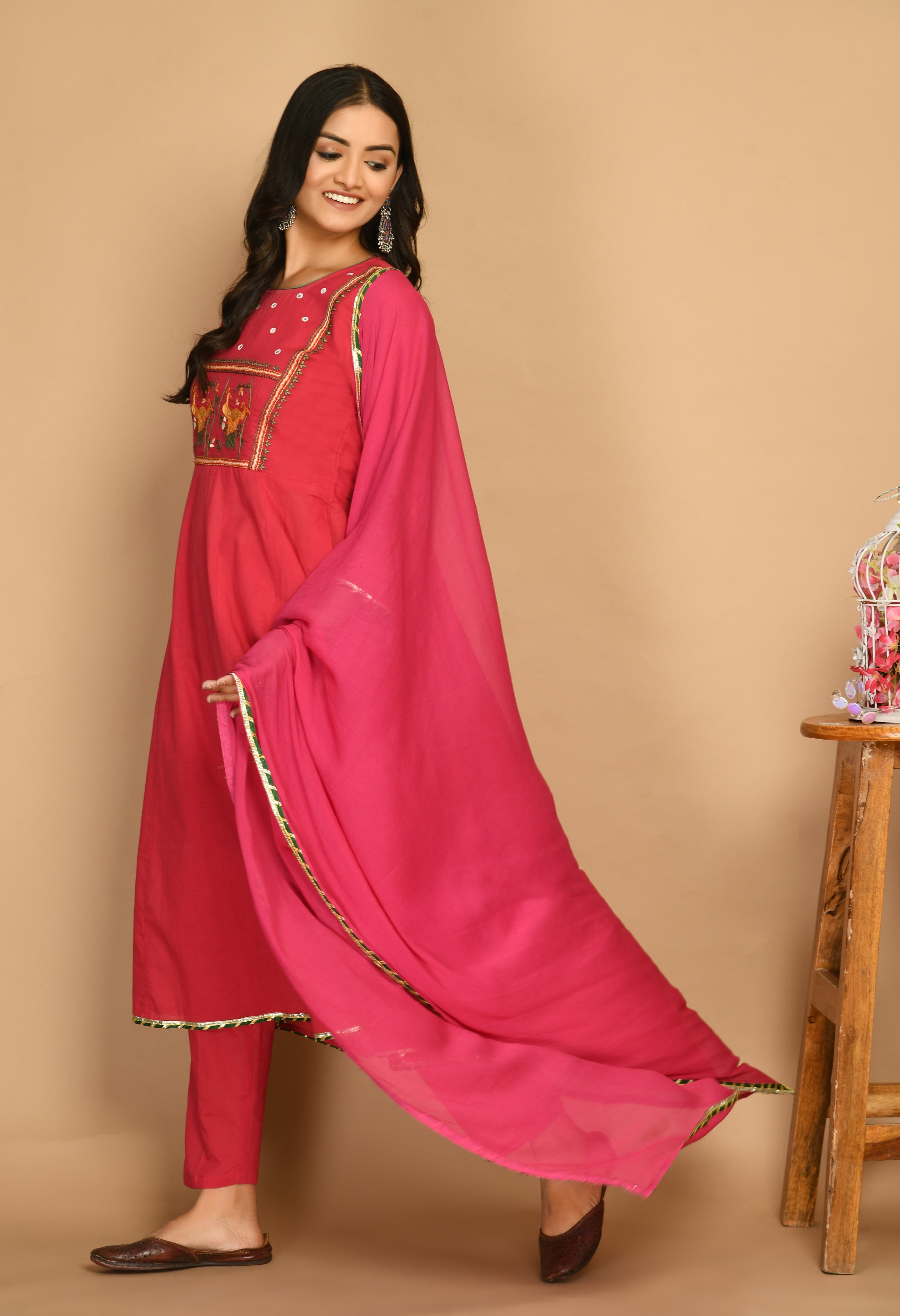 Fuchsia pink embroidered kurta set with gota work and dupatta