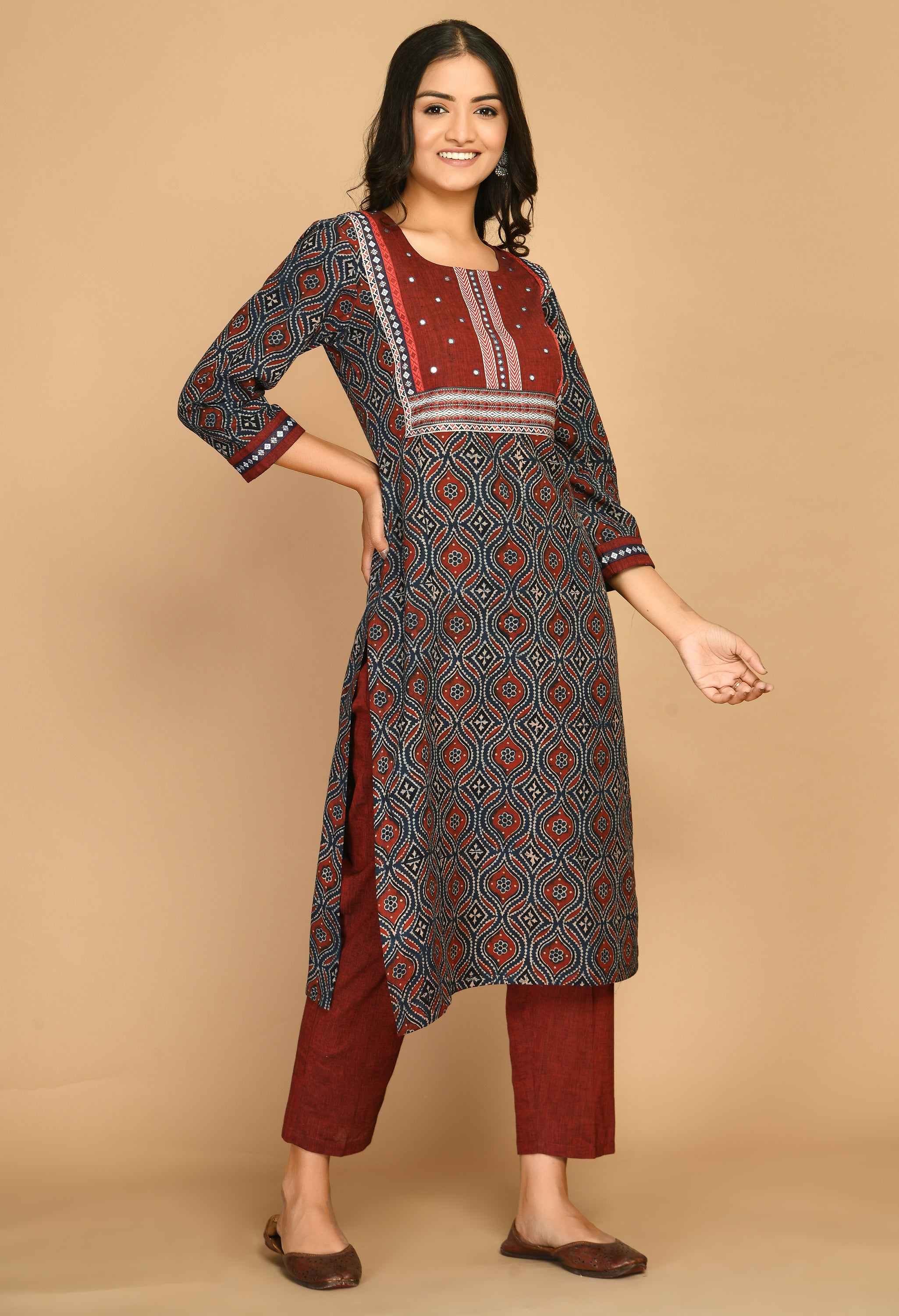 Blue Ajrakh Kurta With  Handloom Pants And Dupatta