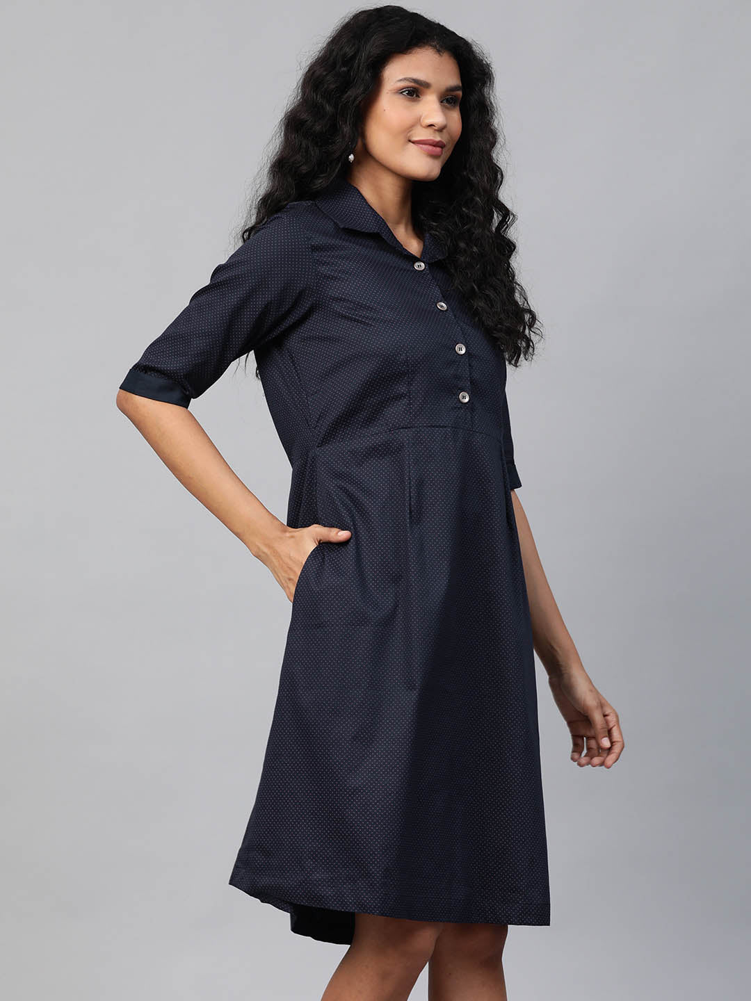 Navy Blue & Pink Self-Design A-Line Dress