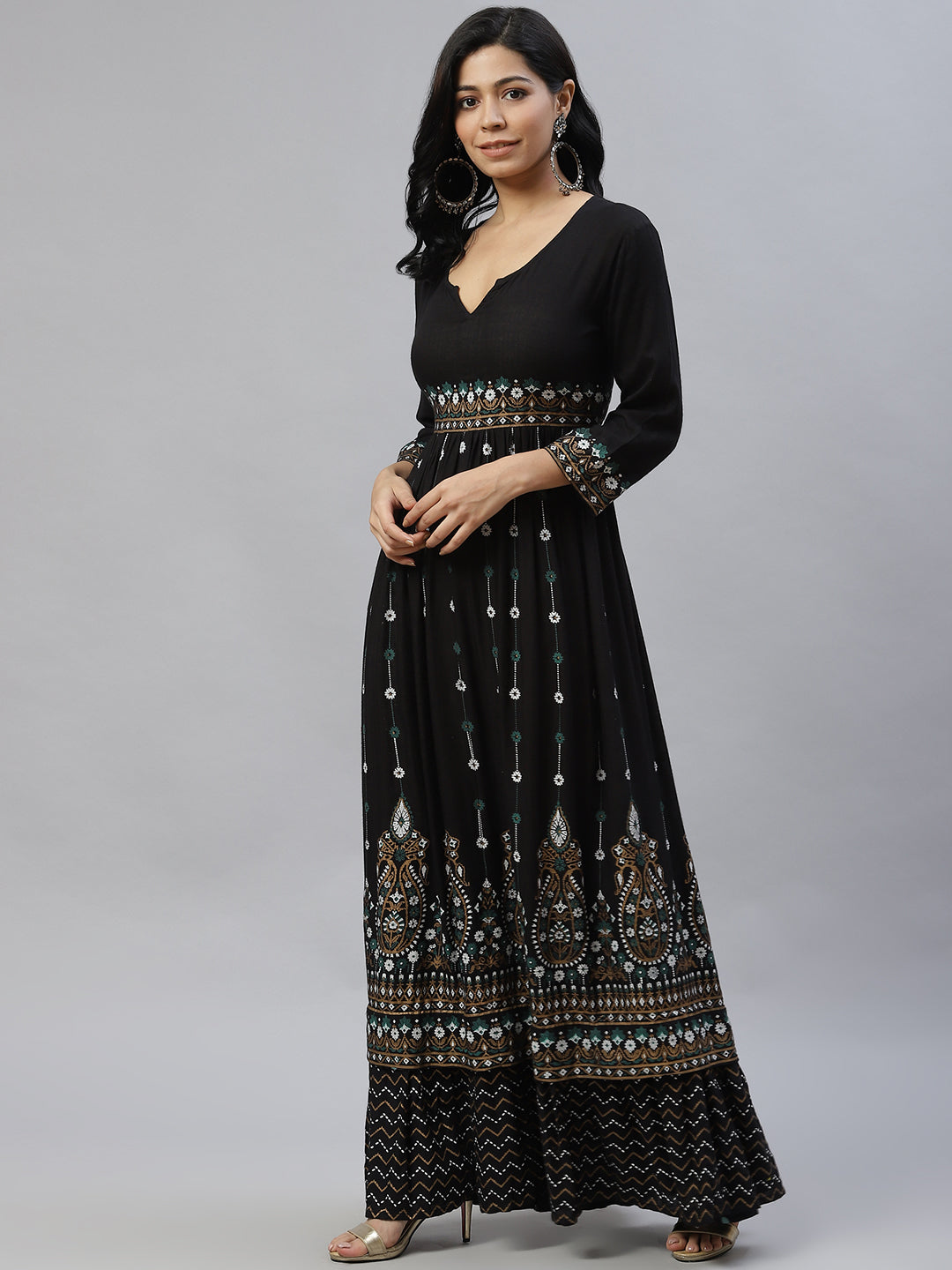 Black & Off White Ethnic Motifs Ethnic Empire Maxi Dress