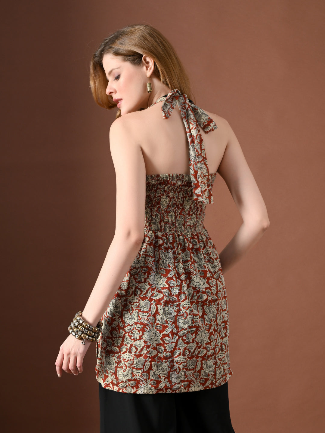 Women Botanical Printed Halter Neck Pure Cotton Kurti