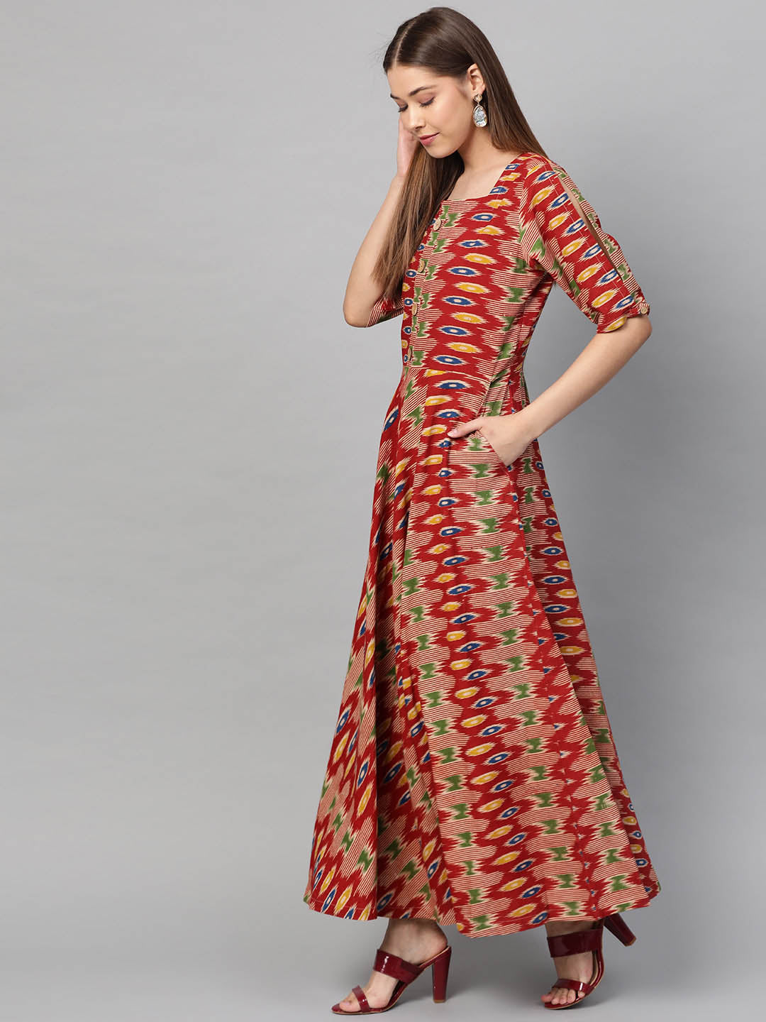 Red Kalamkari Umbrella Dress