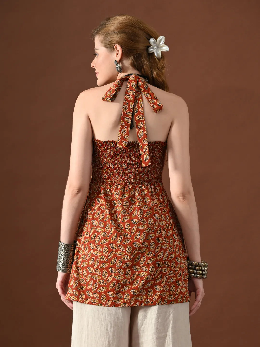 Women Saloni Halter Neck Backless Kurti With Smocking Details