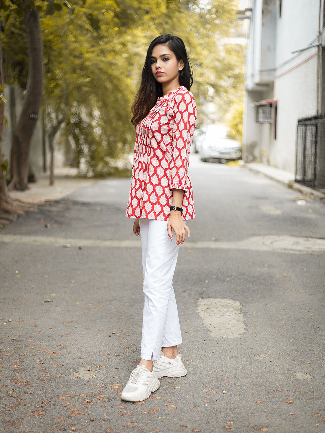 HandBlock Printed Red Leaf Print Top